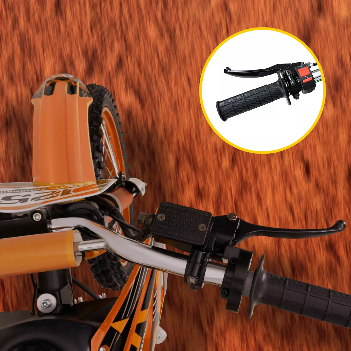 Lenker des Jugend-Crossbikes JC125 von oben, vergrößerter Griff mit Not-Aus-Schalter