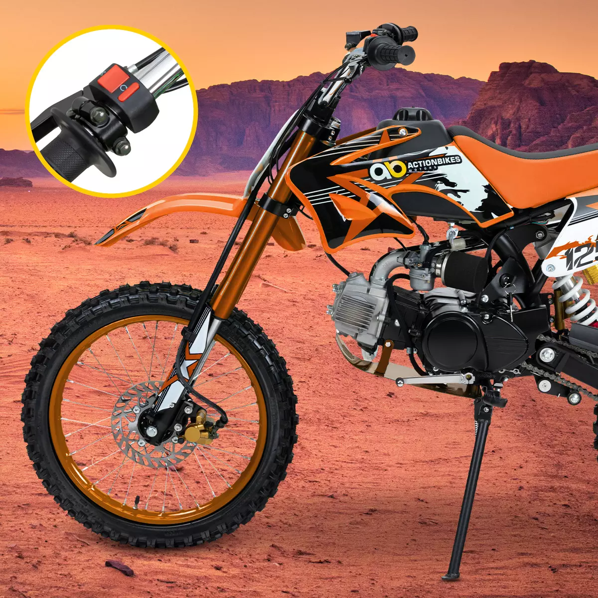 Jugend-Crossbike JC125 von der Seite, vergrößerter Not-Aus-Schalter am Lenker