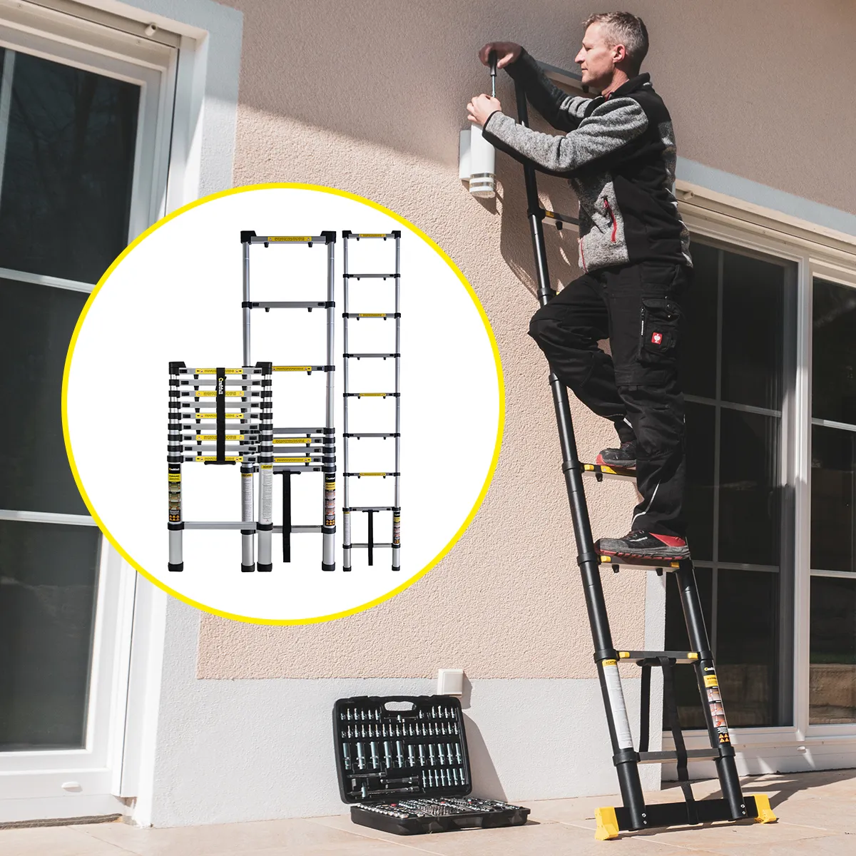 Mann repariert die Lampe an der Hauswand, Leiter in unterschiedlichen Größen