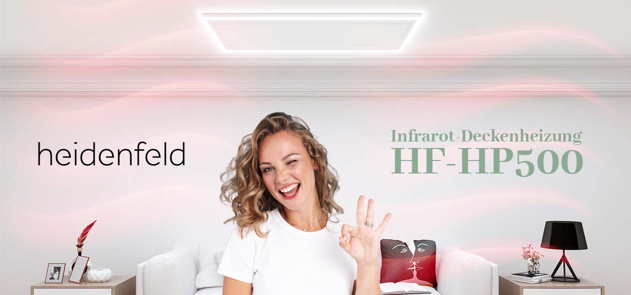 Eine Frau freut sich über die Heidenfeld Infrarot-Deckenheizung HF-HP500 im Wohnzimmer