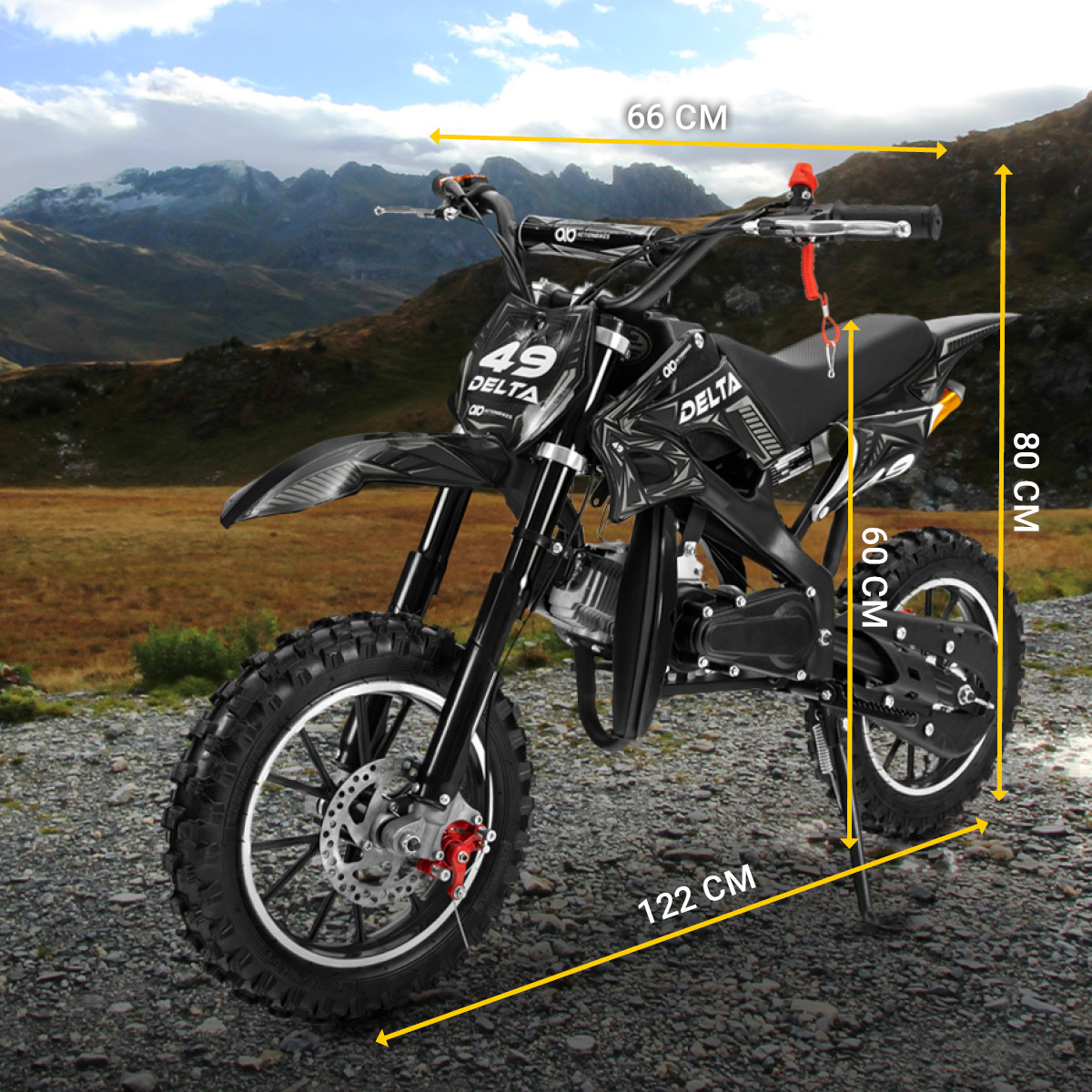 Ultraleichtes Crossbike ab 14 Jahren Mini-Crossbike von Actionbikes mit Maßen von 122 x 66 x 80 cm und 66 cm breitem Lenker