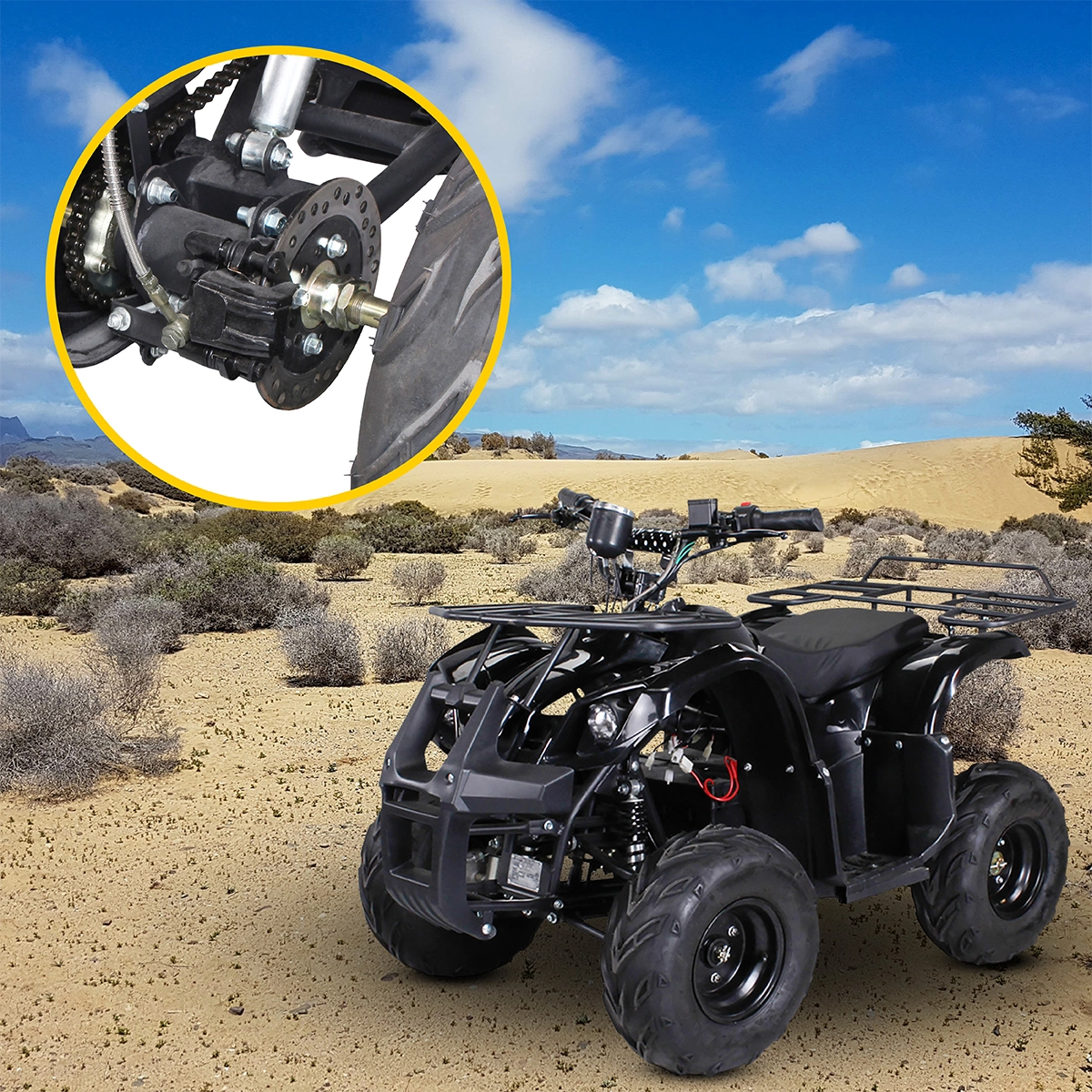 Trommel- und hydraulische Scheibenbremse Trommelbremsen vorne am Kinderquad, hydraulische Scheibenbremse hinten