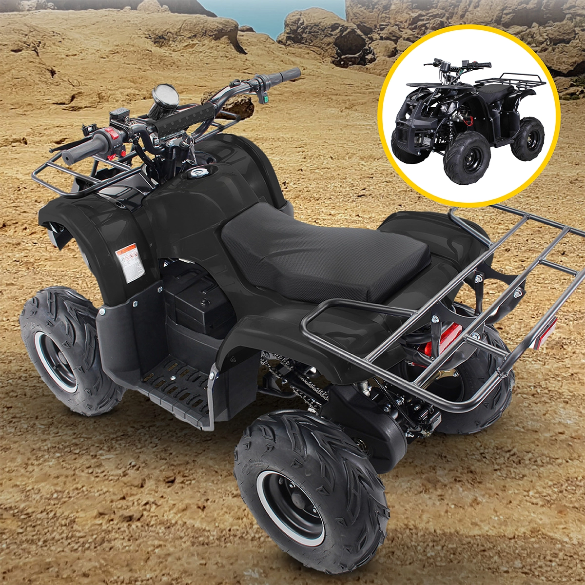 Authentisches Quad-Design mit Frontbumper und mehr Blaues Kinderquad mit Frontbumper und Gepäckträger