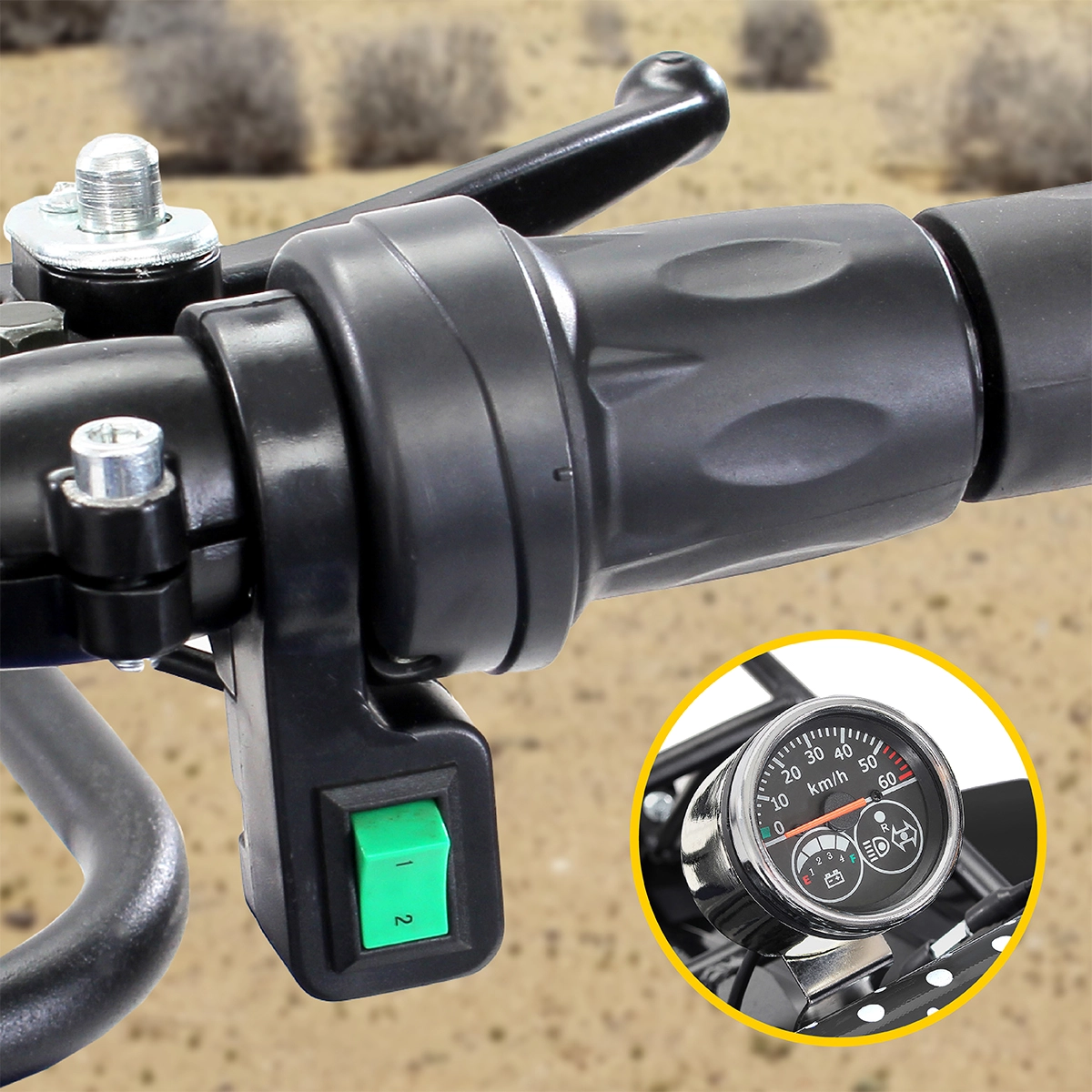 Geschwindigkeit in zwei Stufen drosselbar Schalter am Lenker zur Wahl der zwei Geschwindigkeitsstufen