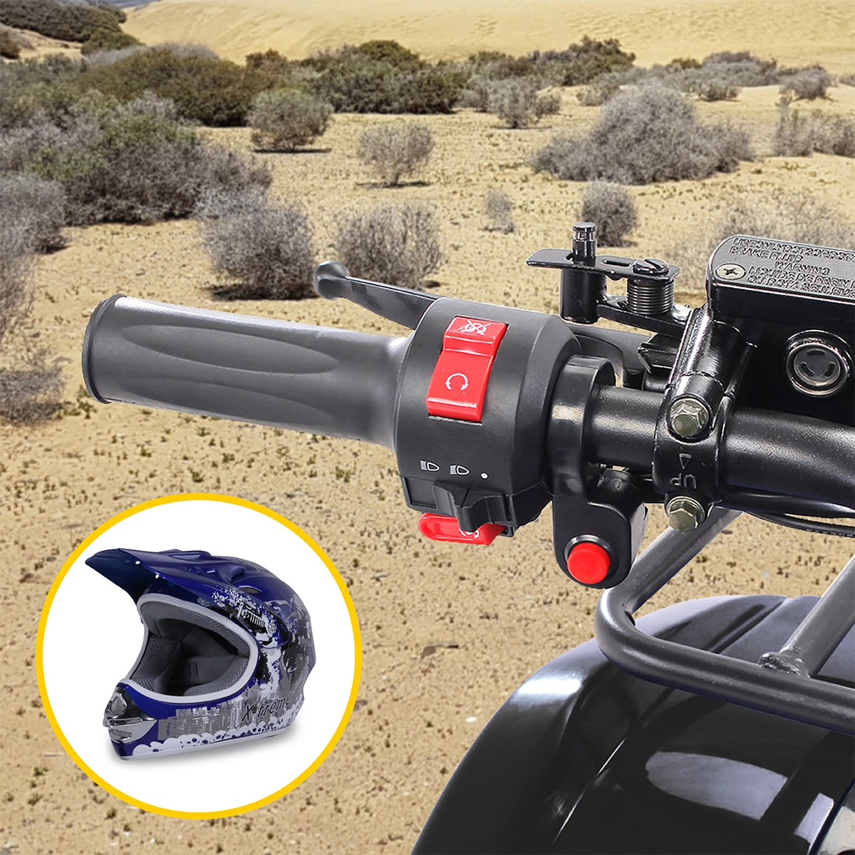 Mit Not-Aus-Schalter für alles gewappnet Not-Aus-Schalter am Lenker des Elektro-Kinderquads S-8 Farmer