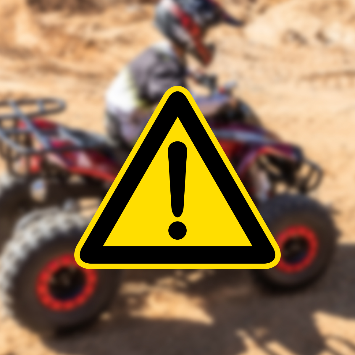 Benzin-Jugend-Quad verschwommen im Hintergrund, davor gelbes Warndreieck mit schwarzem Ausrufezeichen