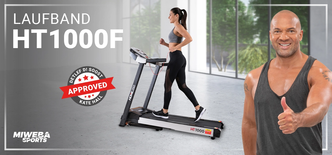 Kate Hall trainiert auf dem Laufband im Wohnzimmer, Detlef D! Soost begleitet das Workout