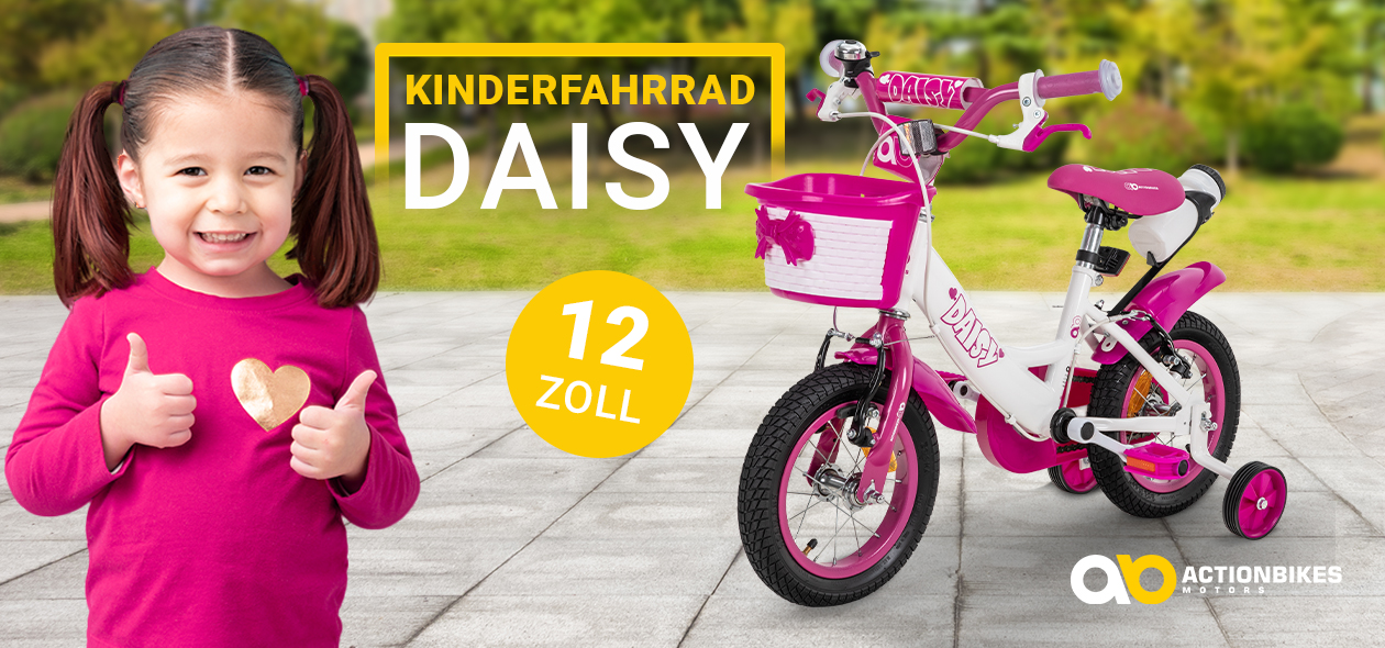 Actionbikes Kinderfahrrad Daisy 12 Zoll Grinsendes Mädchen neben dem 12-Zoll-Kinderfahrrad Daisy