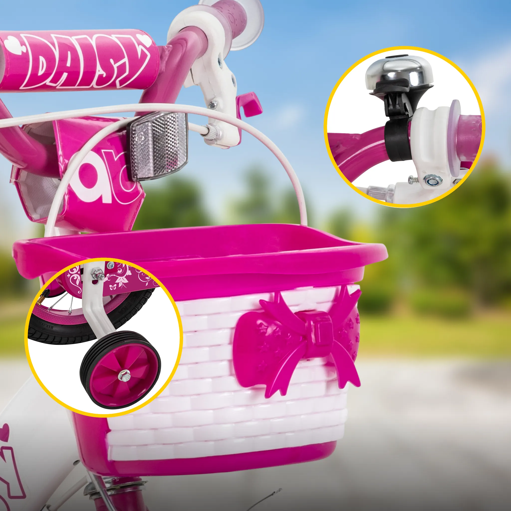 Im Korb alles Wichtige dabei Pinker Fahrradkorb mit Schleife vorne am Kinderfahrrad