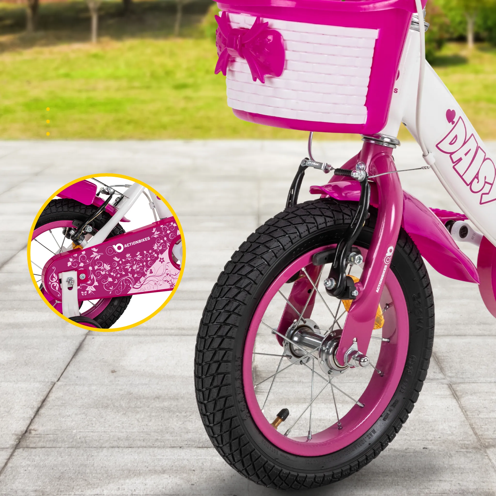 V-Brake-Bremsen, Kettenschutz und Klingel Die V-Brake-Bremsen vorne und hinten am Kinderfahrrad Daisy