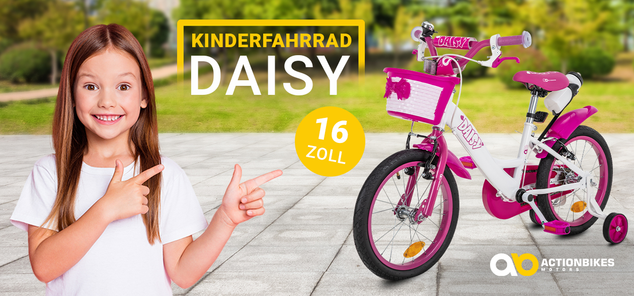 Actionbikes Kinderfahrrad Daisy 16 Zoll Grinsendes Mädchen deutet auf das 16-Zoll-Kinderfahrrad Daisy