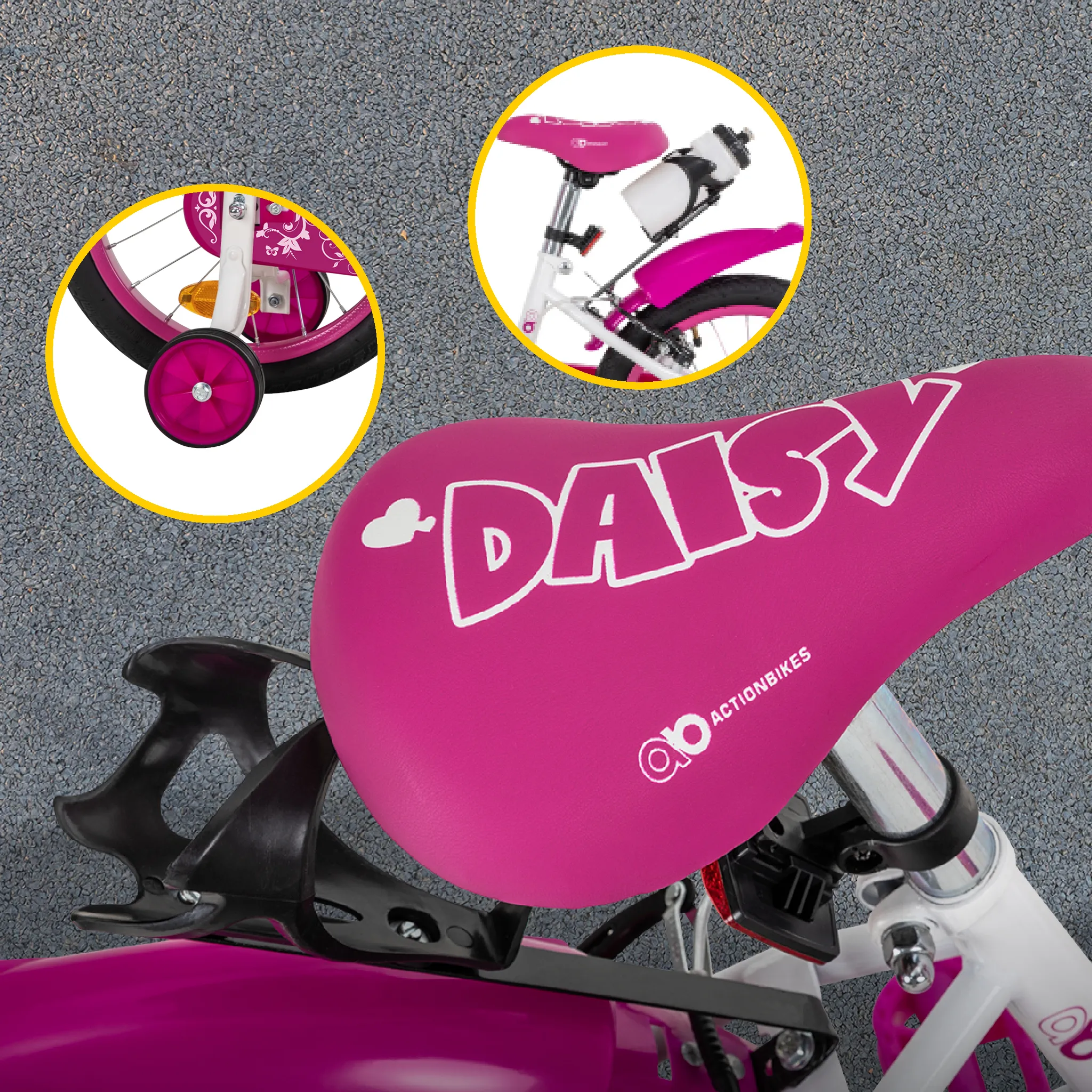 Auf dem Kinder-Fahrrad mit Stützrädern 16-Zoll-Kinderfahrrad Daisy mit Stützrädern
