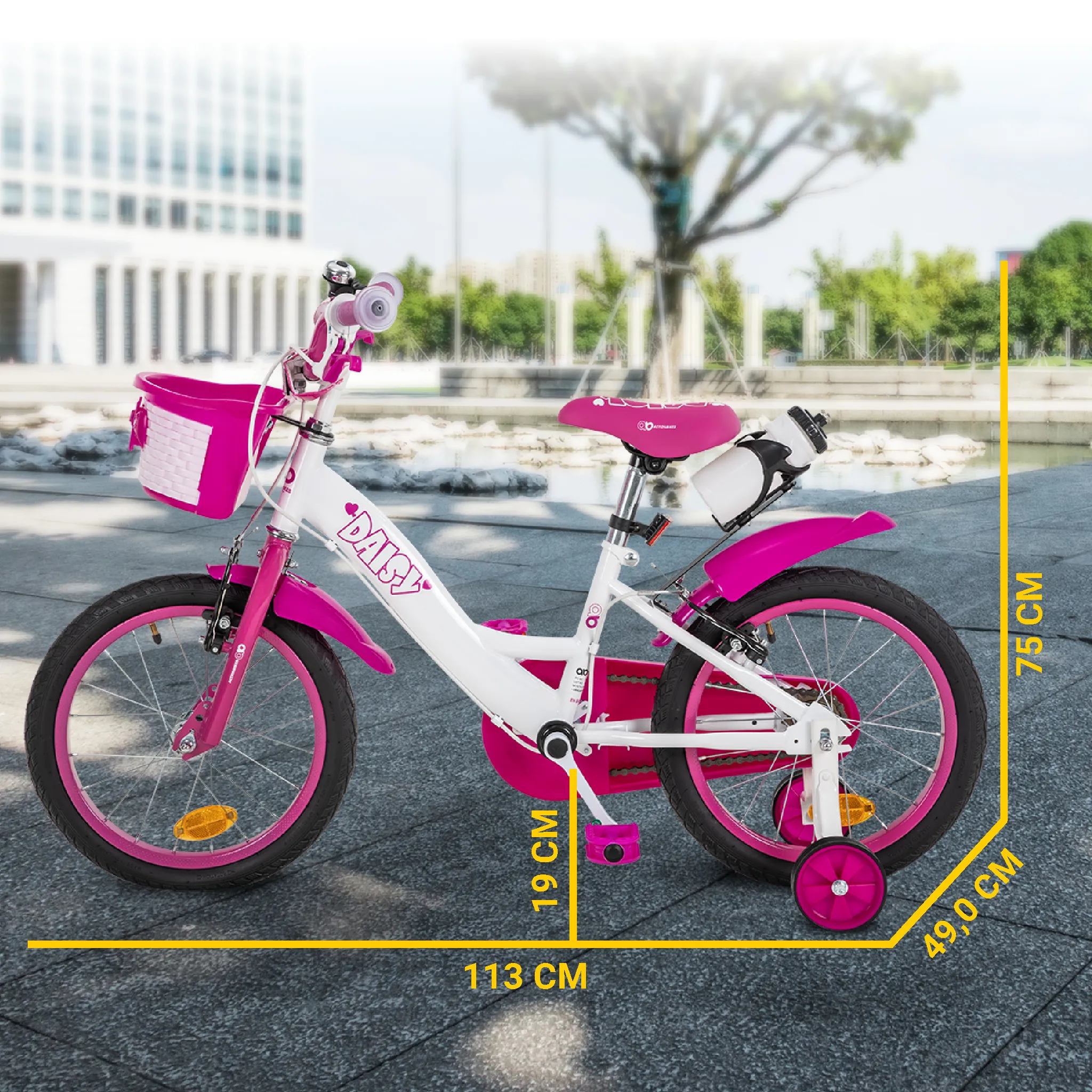 Komfortables Fahren dank 16-Zoll-Luftreifen </h3> Kinderfahrrad mit einer Länge von 110 cm, Breite von 56 cm und Höhe von 74 cm