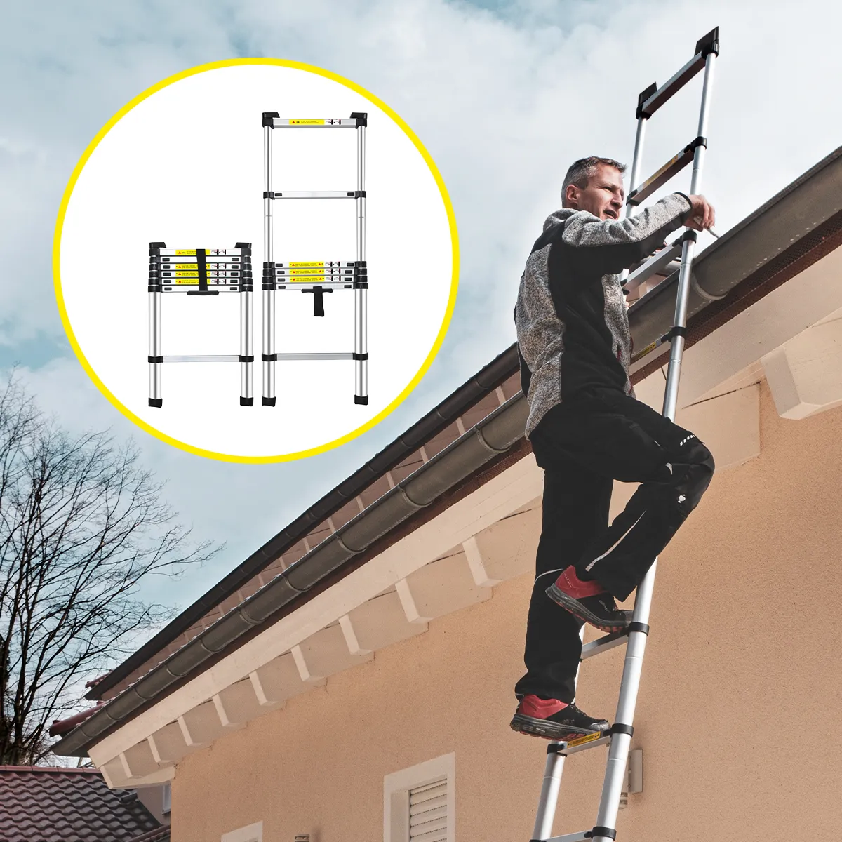 Craftfull Teleskopleiter CF-101B lehnt an Regenrinne, Mann steht oben