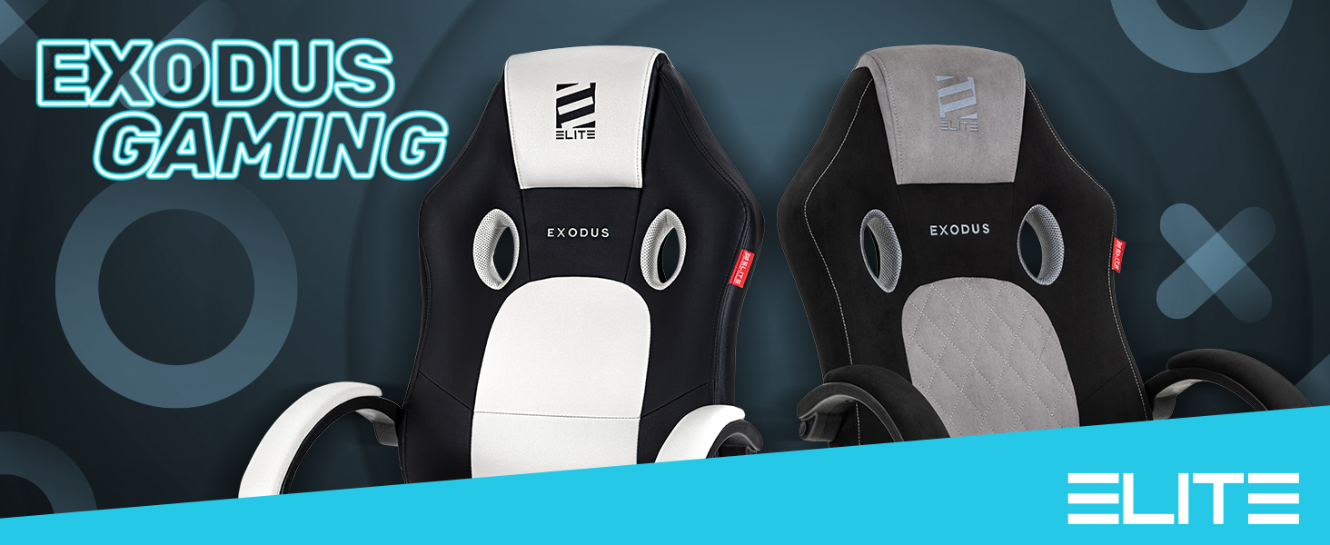 Exodus Gaming Stühle im sportlichen Elite-Design Zwei Exodus Gaming Stühle von Elite in Schwarz-Weiß und Schwarz-Grau vor einem dunklen Gaming-Hintergrund. Beide Modelle verfügen über eine hohe Rückenlehne, integrierte Belüftungsöffnungen und Armlehnen.