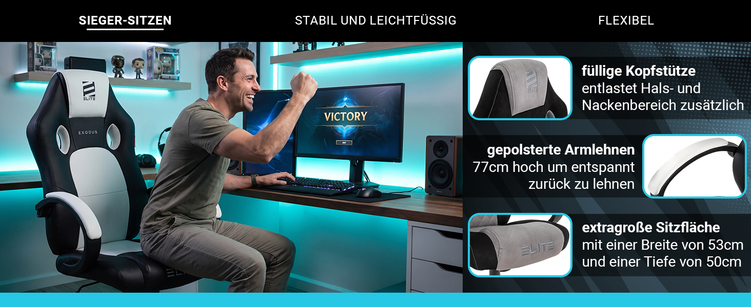 Exodus Gaming Stuhl mit komfortabler Polsterung Exodus Gaming Stuhl von Elite in Schwarz-Weiß in einem Gaming-Zimmer. Detailansichten zeigen die gepolsterte Kopfstütze, die Armlehnen sowie die extra große Sitzfläche mit 53 cm Breite und 50 cm Tiefe.