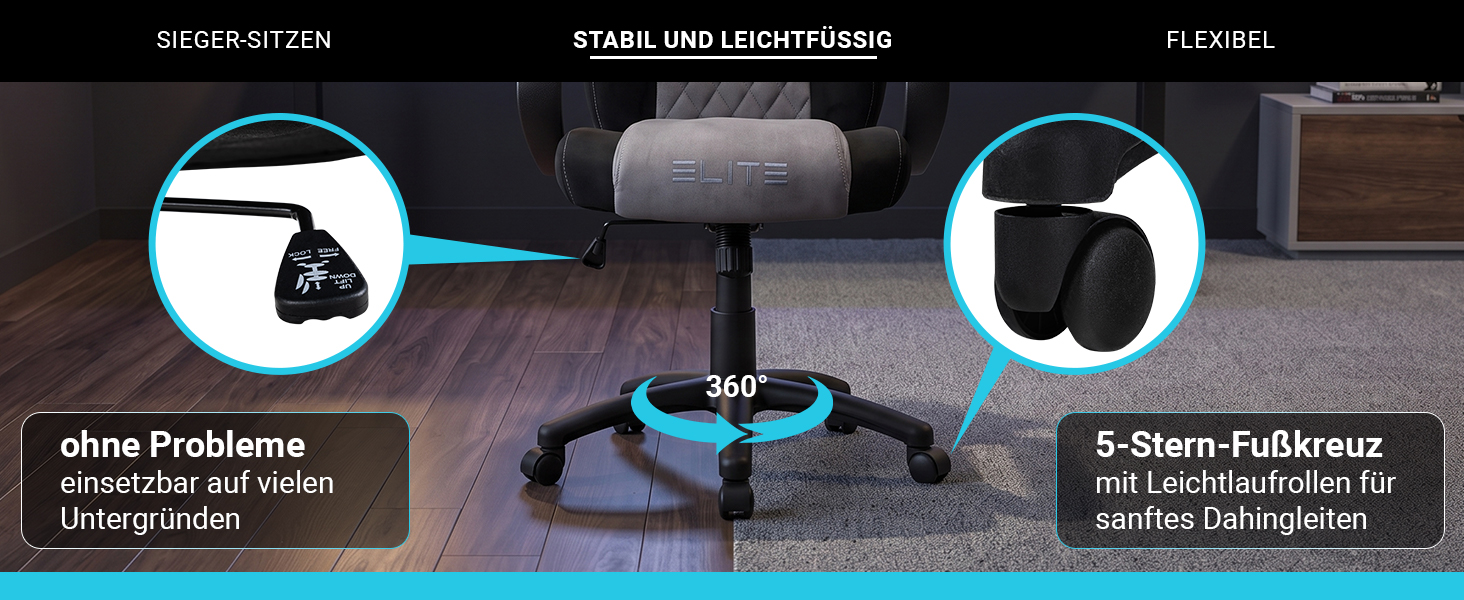 Exodus Gaming Stuhl mit stabilem Fußkreuz Untergestell des Elite Exodus Gaming Stuhls mit 360° drehbarem 5-Stern-Fußkreuz und Leichtlaufrollen. Detailansichten zeigen die Rollen und einen Bedienhebel; geeignet für verschiedene Bodenbeläge.
