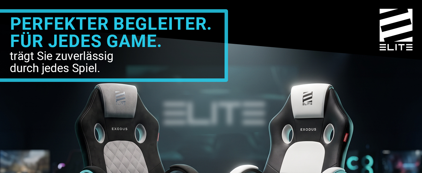 Elite Exodus Gaming Stühle – perfekter Begleiter fürs Gaming Zwei Elite Exodus Gaming Stühle in Schwarz-Grau und Schwarz-Weiß vor einer dunklen Gaming-Kulisse. Das Motiv bewirbt die Stühle als zuverlässige Begleiter für jedes Game.
