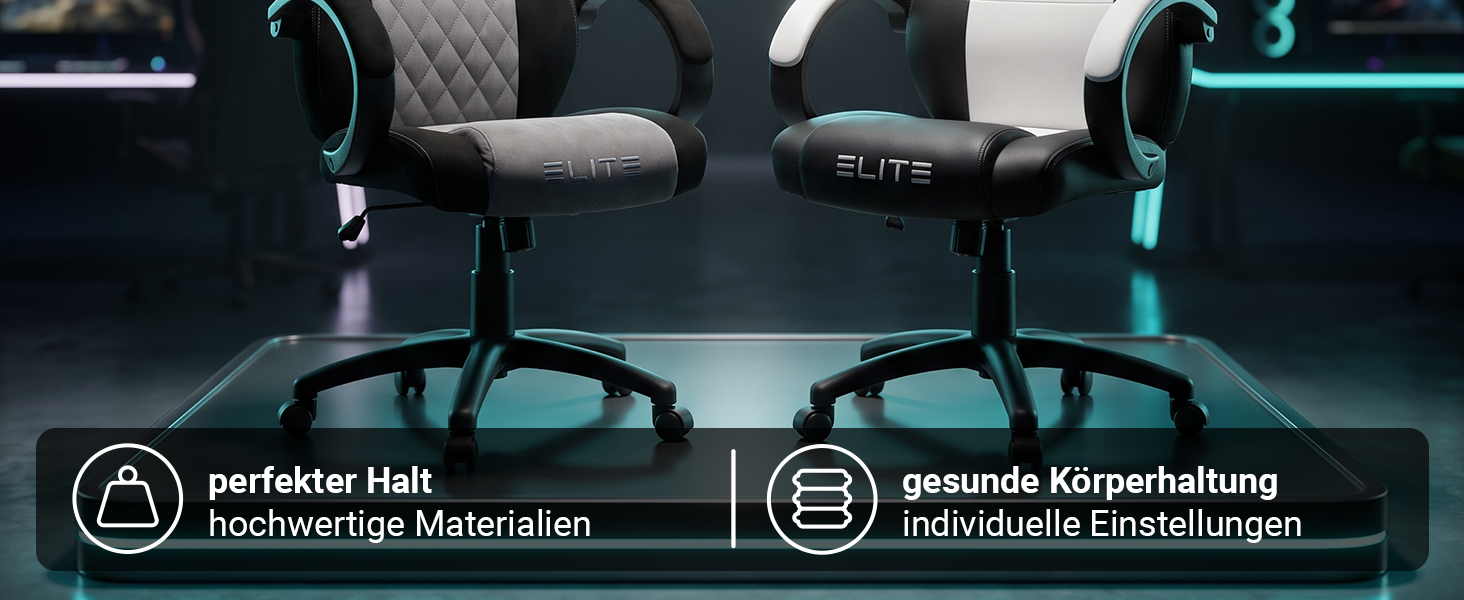 Elite Exodus Gaming Stühle – stabiler Halt und ergonomischer Komfort Zwei Elite Exodus Gaming Stühle mit stabilem 5-Stern-Fußkreuz und Rollen. Hochwertige Materialien sorgen für sicheren Halt, individuelle Einstellungen unterstützen eine gesunde Körperhaltung.