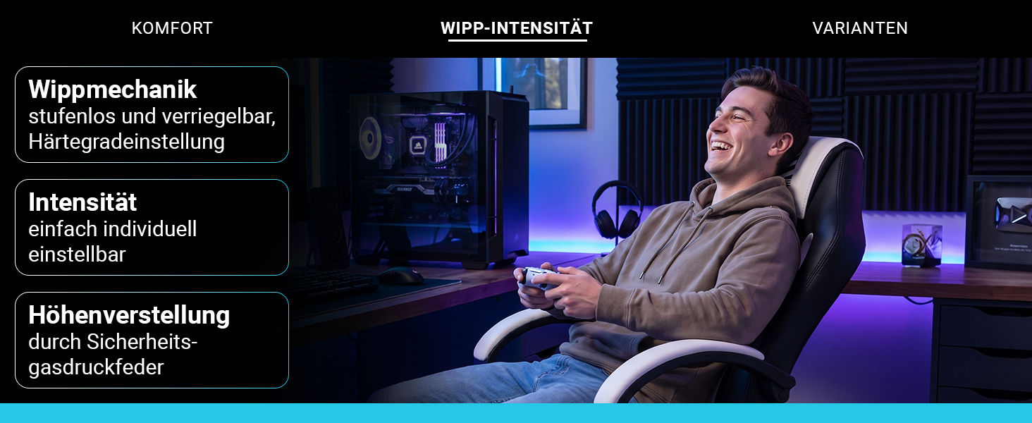Elite Exodus Gaming Stuhl – individuell einstellbare Wippmechanik Mann spielt entspannt im Elite Exodus Gaming Stuhl. Die Wippmechanik ist stufenlos, verriegelbar und individuell in der Härte einstellbar; die Sitzhöhe lässt sich per Gasdruckfeder anpassen.