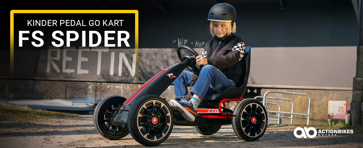 Actionbikes Pedal Go Kart FS Spider – Sportlicher Fahrspaß auf vier Rädern Kind fährt das Actionbikes FS Spider Pedal-Go-Kart mit großem Sportsitz, robustem Stahlrahmen und luftbereiften Rädern auf einer Outdoor-Strecke.