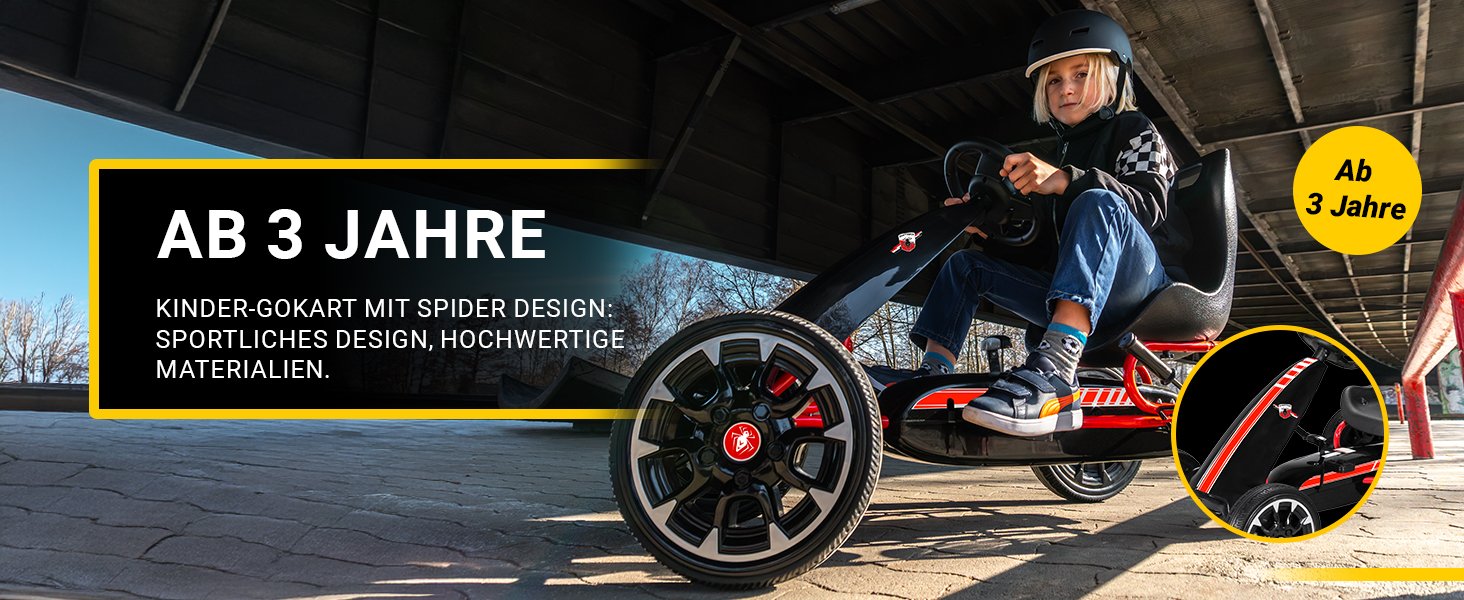 Pedal-Go-Kart für kleine Rennfahrer ab 3 Jahren Kind fährt das Actionbikes FS Spider Pedal-Go-Kart unter einer Skateanlage. Das sportliche Design mit stabilem Rahmen, großem Vorderrad und ergonomischem Sitz sorgt für dynamischen Fahrspaß ab 3 Jahren.