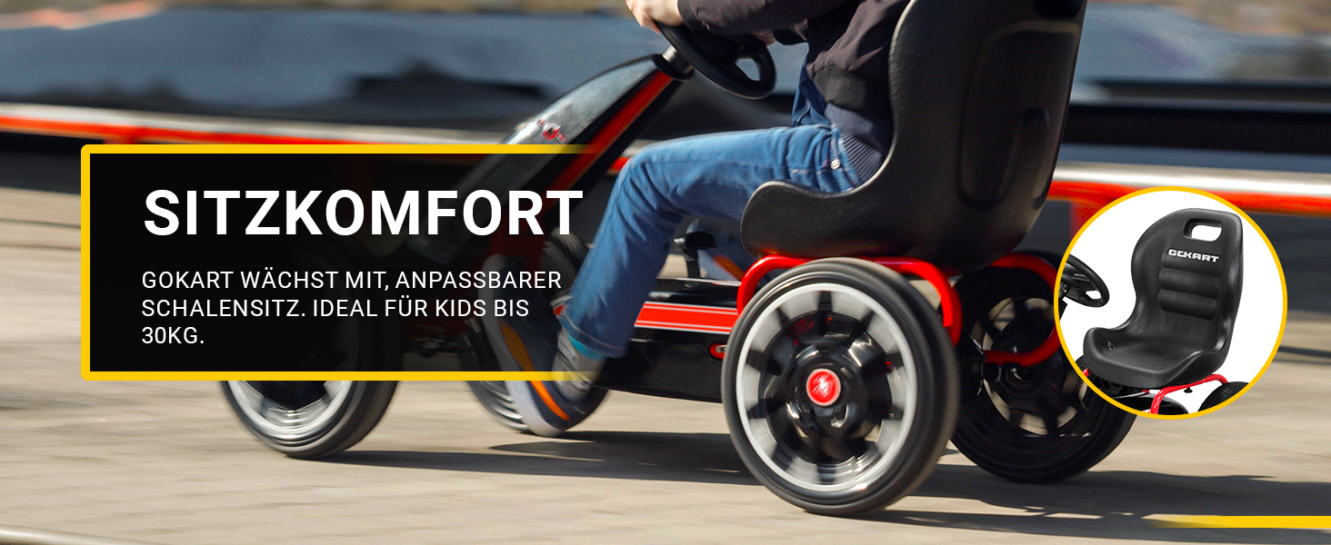 Ergonomischer Schalensitz für komfortablen Fahrspaß Detailansicht des Actionbikes FS Spider Pedal-Go-Karts während der Fahrt. Der ergonomisch geformte Schalensitz bietet sicheren Halt und hohen Sitzkomfort auch bei dynamischen Fahrmanövern.