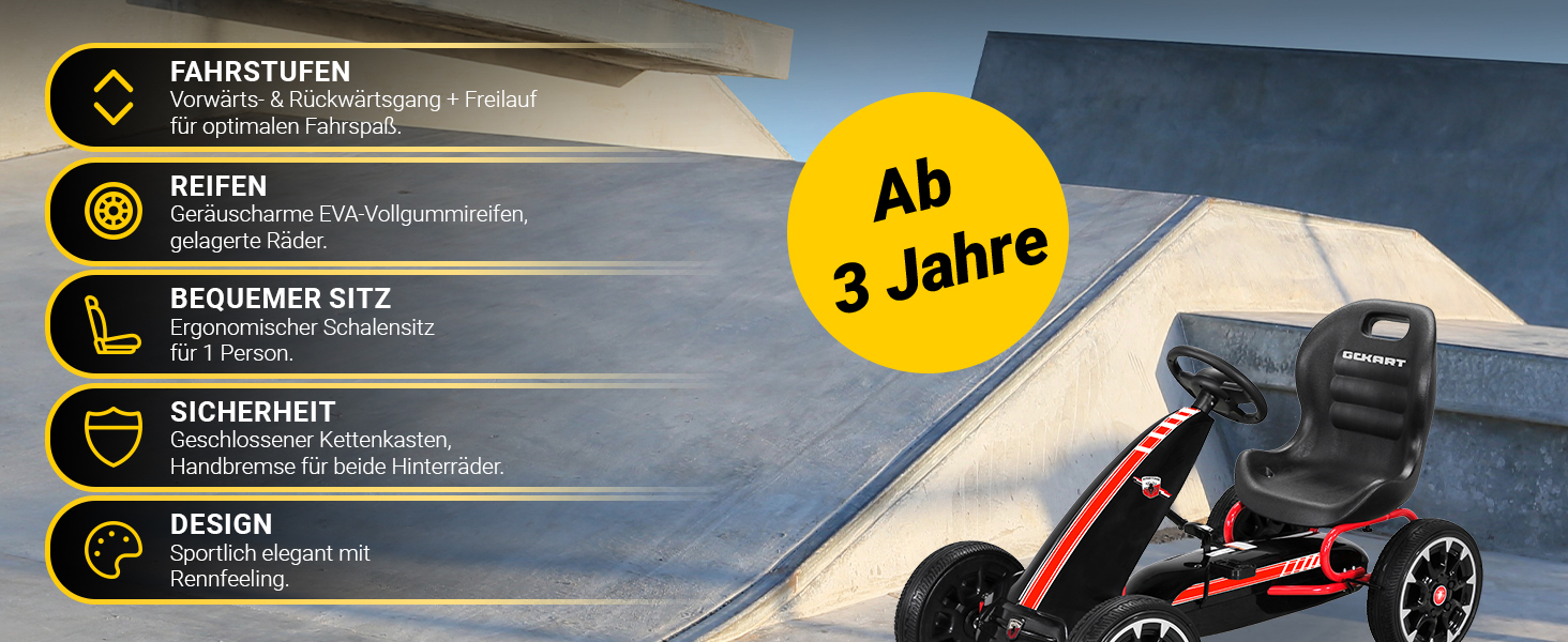 Die Highlights auf einen Blick Übersichtsbild des Actionbikes FS Spider Pedal-Go-Karts mit den wichtigsten Produktvorteilen: Vorwärts-, Rückwärtsgang und Freilauf, geräuscharme EVA-Vollgummireifen, ergonomischer Schalensitz, geschlossener Kettenkasten mit Handbremse sowie sportliches Design. Geeignet für Kinder ab 3 Jahren.