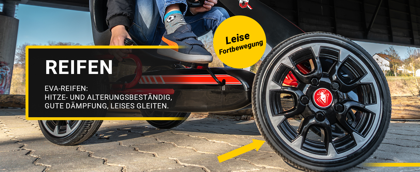Leise EVA-Vollgummireifen für ruhigen Fahrkomfort Detailaufnahme des Actionbikes FS Spider Pedal-Go-Karts mit großen geräuscharmen EVA-Vollgummireifen. Die wartungsarmen Räder sorgen für eine leise, komfortable Fahrt und bieten zuverlässigen Grip auf verschiedenen Untergründen.