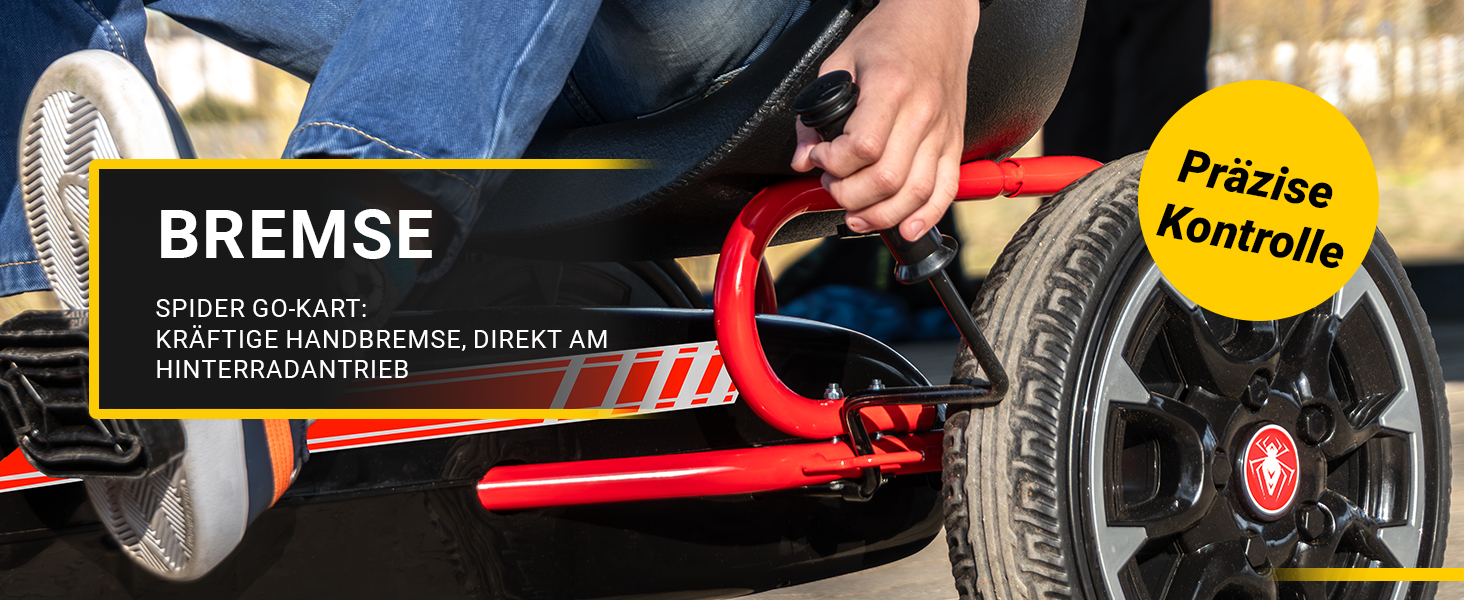 Handbremse für präzise Kontrolle und sicheres Bremsen Detailaufnahme der Handbremse am Actionbikes FS Spider Pedal-Go-Kart. Die leicht erreichbare Bremsvorrichtung ermöglicht eine präzise Geschwindigkeitskontrolle und sorgt für sicheres Anhalten während der Fahrt.