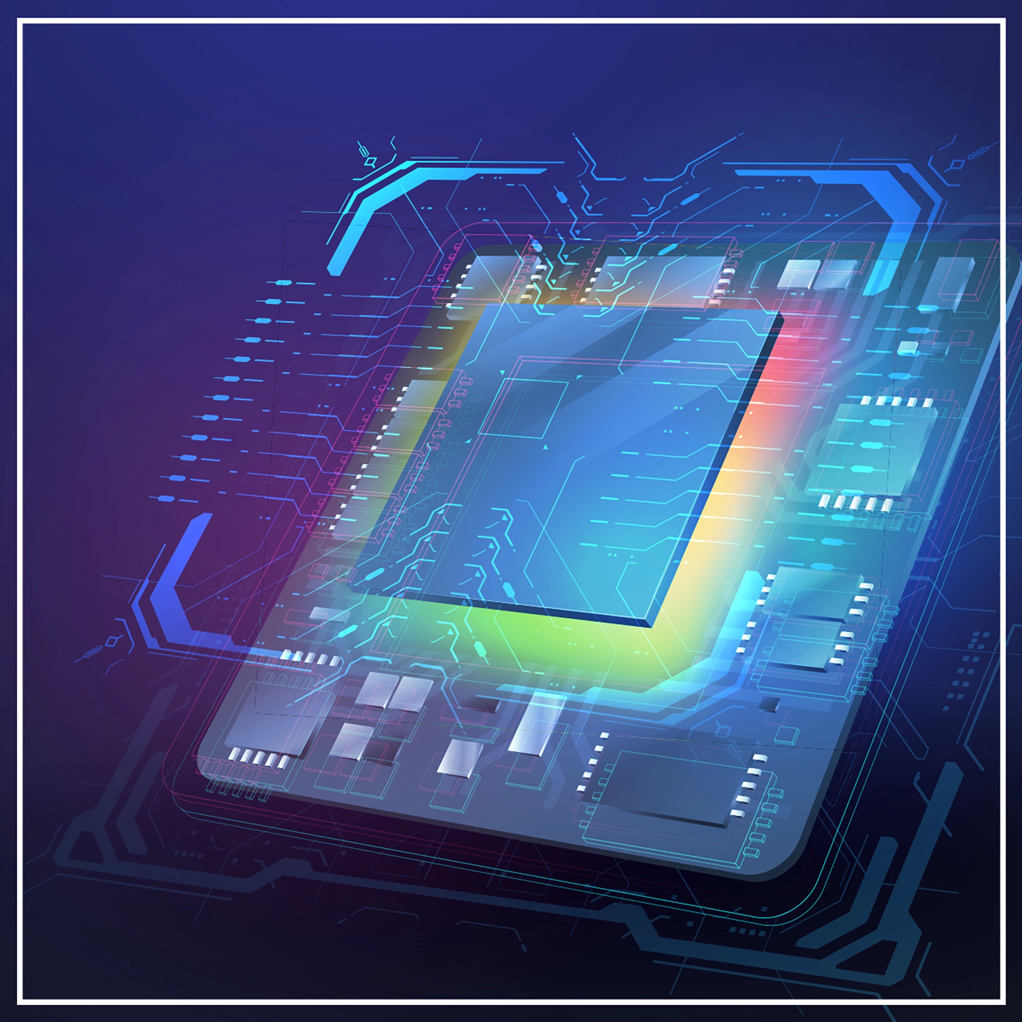 Der leuchtende Prozessor-Chip im Inneren der Miweba Sports Vibrationsplatte MV300