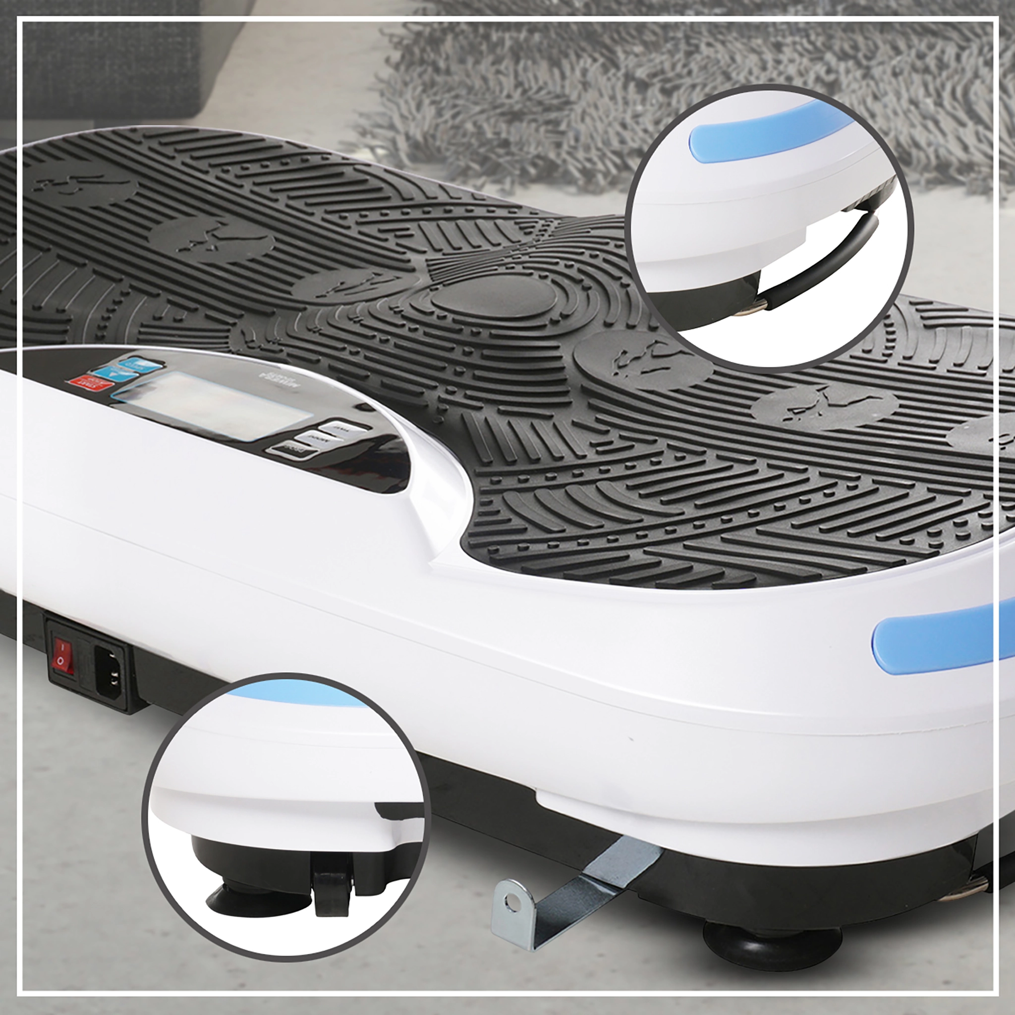 Vergr&ouml;&szlig;erte Rollen und Transportgriff der Miweba Sports Vibrationsplatte MV300