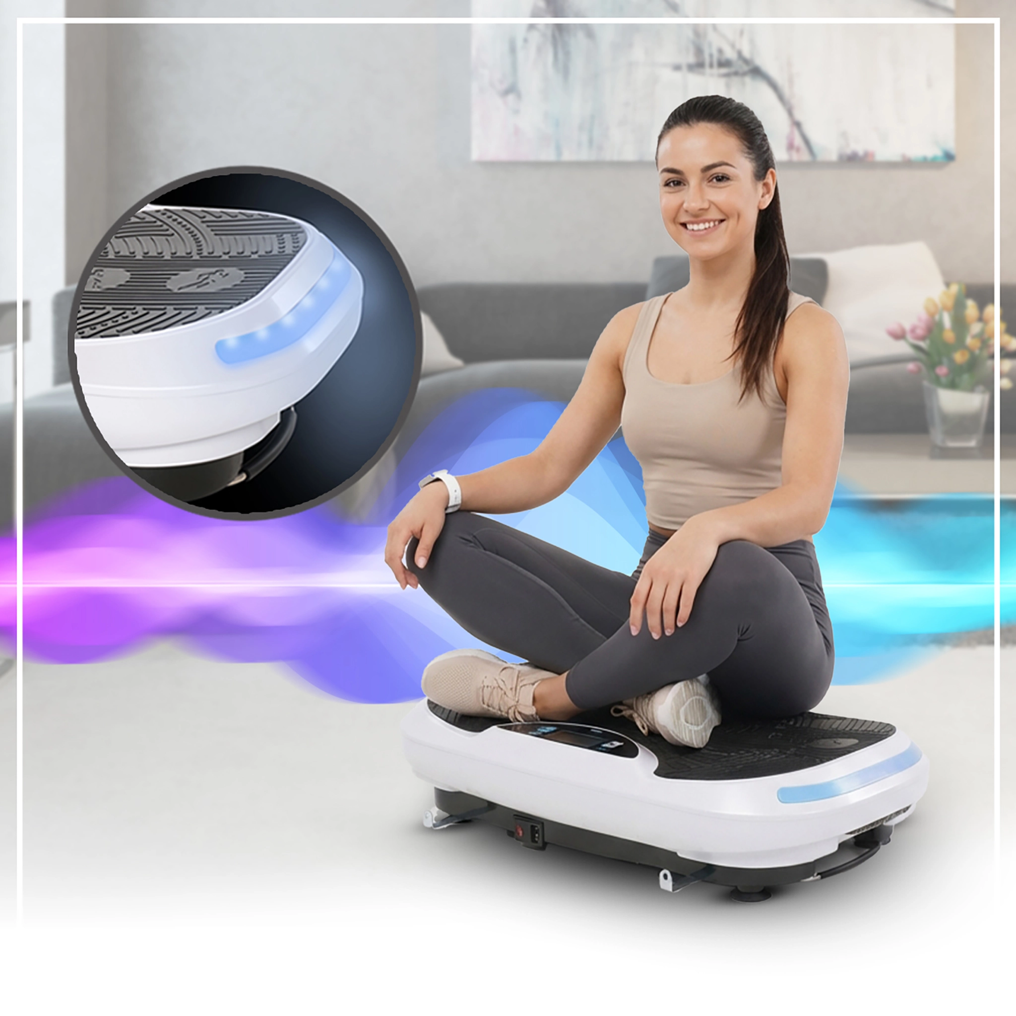 Frau sitzt auf dem Vibrationsboard, Bluetooth-Schnittstelle spielt Musik vom Handy ab