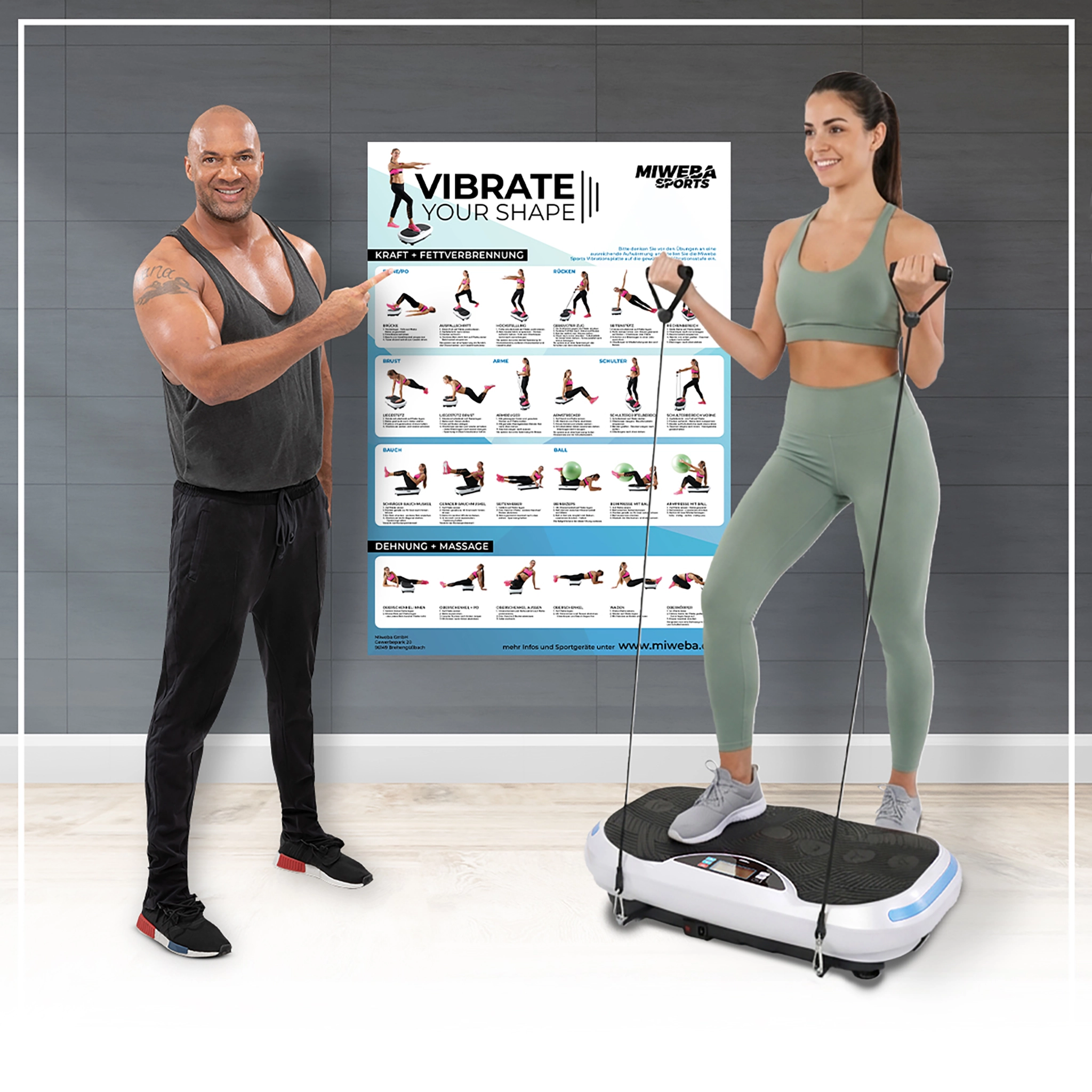 Links Detlef D! Soost, mittig ein Poster mit &Uuml;bungen, rechts Frau auf dem Heimtrainer