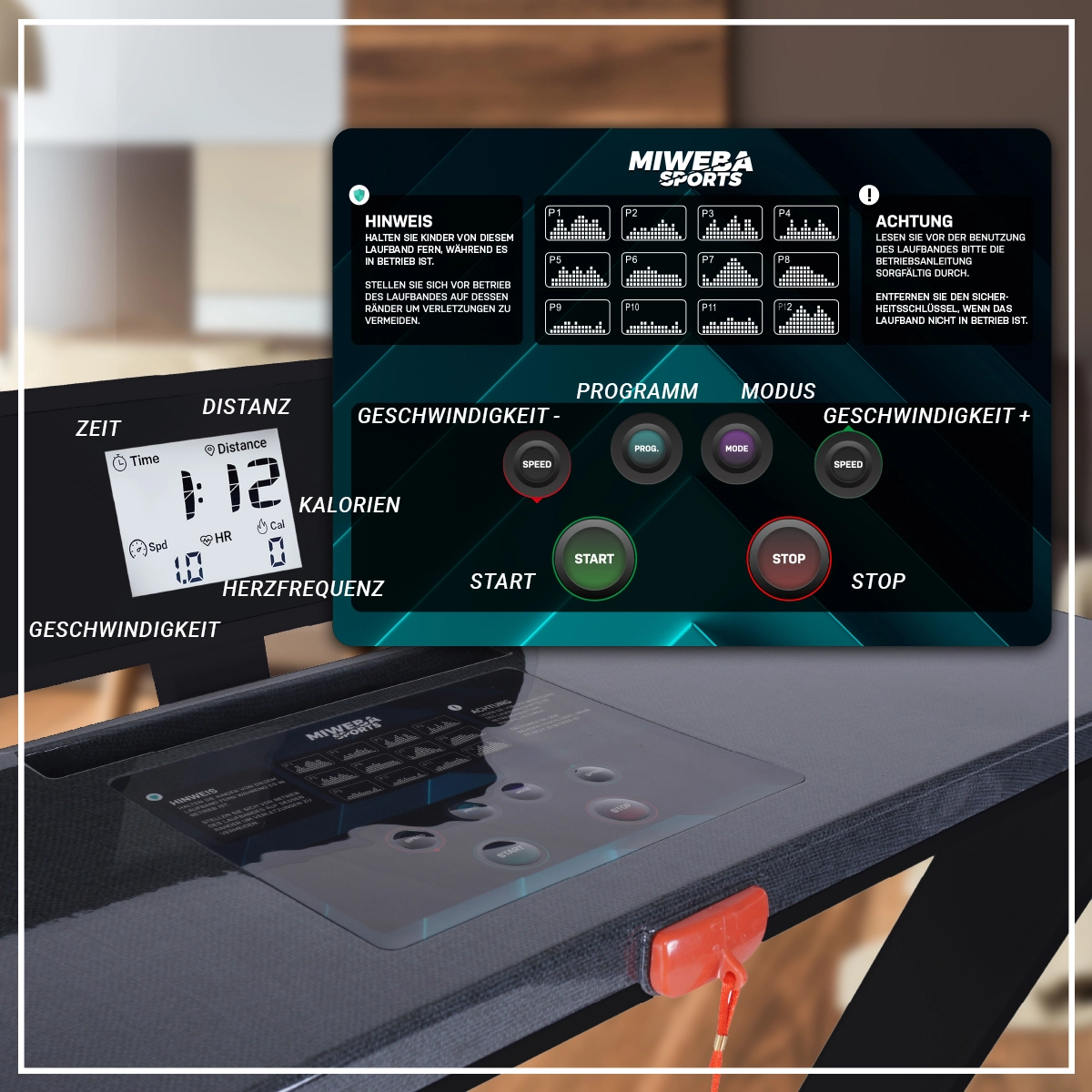 Vergr&ouml;&szlig;ertes Display des Heimtrainers mit Parametern zum Programm, Modus und vielem mehr