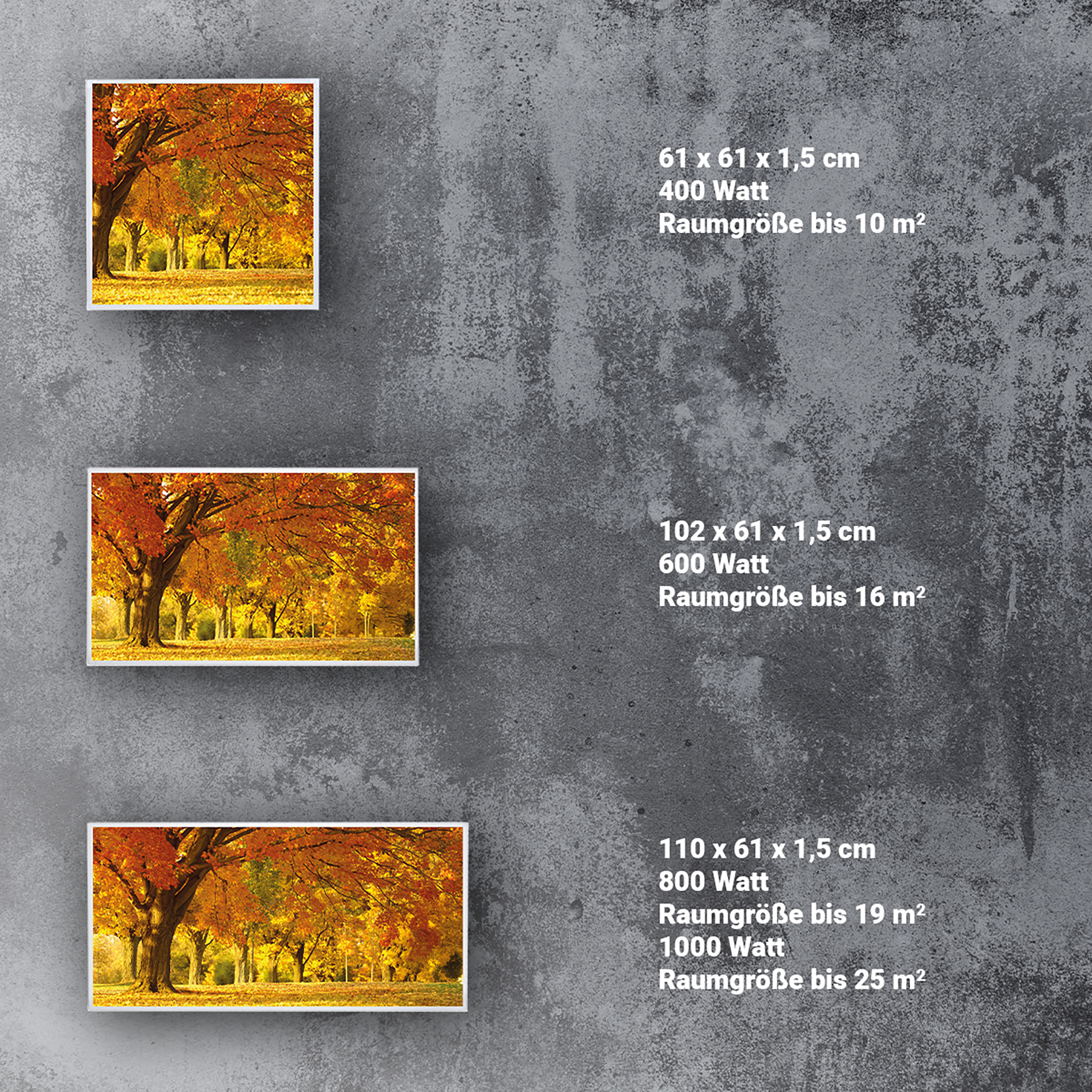 Infrarotheizung in sechs Größen Vier Größen und Wattstärken der Heidenfeld Infrarotheizung HF-HP105 im Vergleich