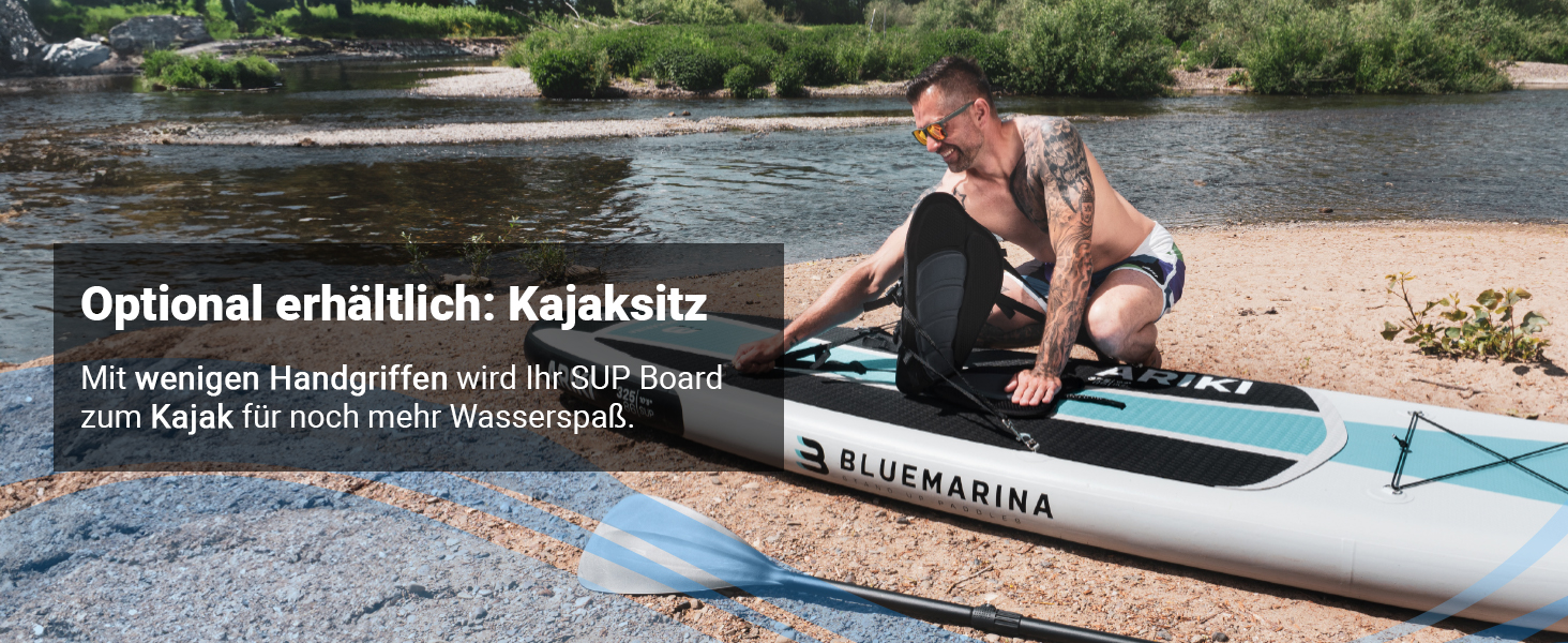 Optionaler Kajaksitz für noch mehr Vielseitigkeit Das Bluemarina ARIKI 3 SUP-Board lässt sich mit einem optional erhältlichen Kajaksitz im Handumdrehen zum Kajak umrüsten. Der Sitz wird mit wenigen Handgriffen befestigt und sorgt für eine bequeme Sitzposition bei längeren Touren. So bietet das aufblasbare SUP noch mehr Flexibilität und Paddelspaß auf dem Wasser.