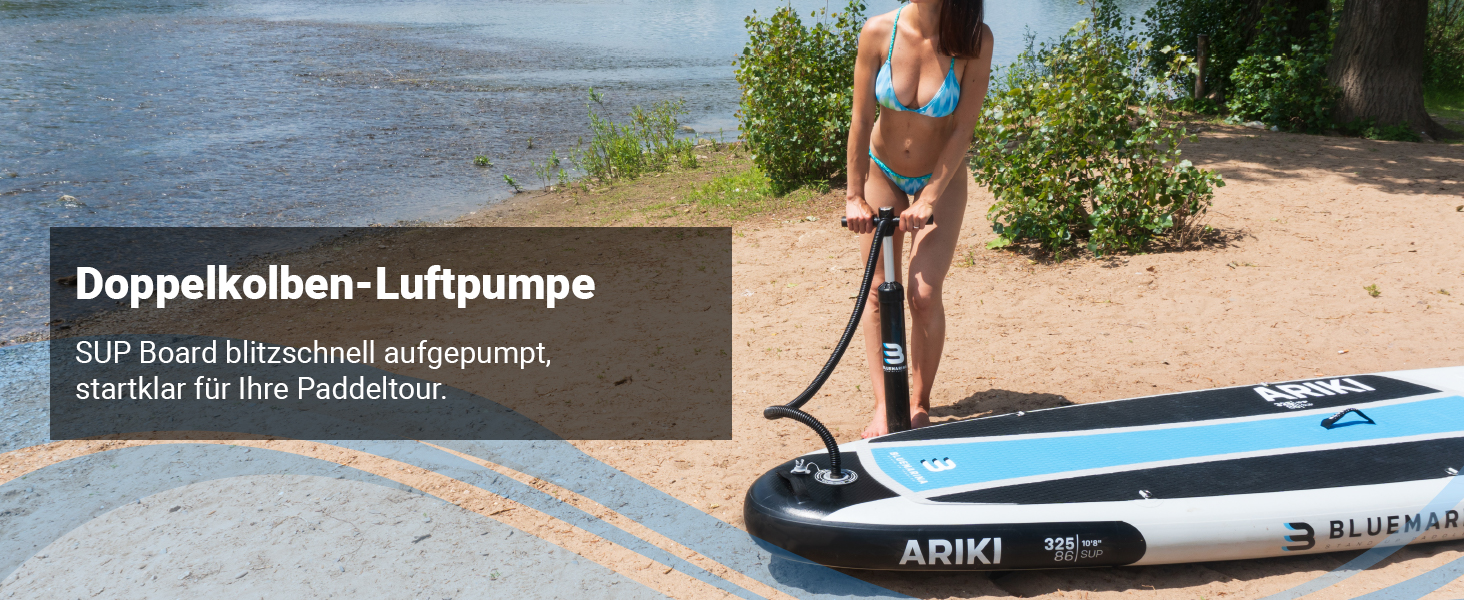 Doppelkolben-Luftpumpe für schnellen Start aufs Wasser Mit der mitgelieferten Doppelkolben-Luftpumpe ist das Bluemarina ARIKI 3 SUP-Board schnell einsatzbereit. Dank des effizienten Pumpensystems lässt sich das aufblasbare Board zügig auf den empfohlenen Luftdruck bringen, sodass der Paddelausflug ohne lange Wartezeit beginnen kann.
