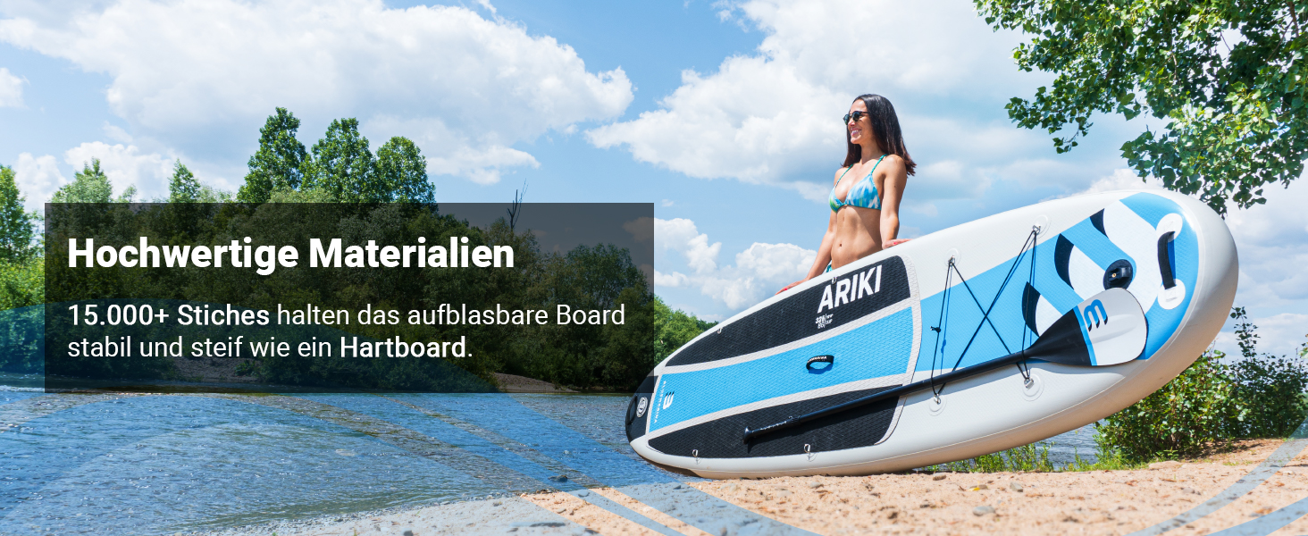 Robuste Drop-Stitch-Konstruktion für maximale Stabilität Das Bluemarina ARIKI 3 SUP-Board besteht aus hochwertigen Materialien und einer stabilen Drop-Stitch-Konstruktion mit über 15.000 Fäden. Dadurch bleibt das aufblasbare Board besonders formstabil und steif – nahezu auf dem Niveau eines Hardboards. Das Ergebnis sind hohe Stabilität, sicheres Fahrverhalten und langanhaltende Haltbarkeit auf dem Wasser.