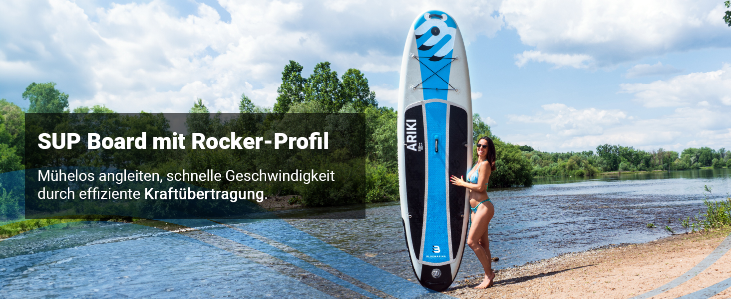 Rocker-Profil für schnelles Gleiten und optimale Kontrolle Das Bluemarina ARIKI 3 SUP-Board verfügt über ein speziell geformtes Rocker-Profil, das ein leichtes Angleiten und effizientes Gleiten auf dem Wasser ermöglicht. Die optimierte Form verbessert die Kraftübertragung beim Paddeln, erhöht die Geschwindigkeit und sorgt gleichzeitig für ein stabiles sowie kontrolliertes Fahrverhalten auf Seen und Flüssen.