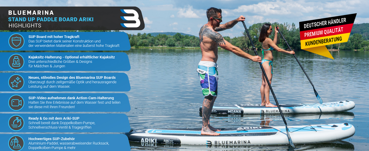 Alle Highlights des Bluemarina ARIKI 3 auf einen Blick Das Bluemarina ARIKI 3 Stand Up Paddle Board vereint hohe Tragkraft, modernes Design und vielseitige Einsatzmöglichkeiten. Highlights sind die optionale Kajaksitz-Halterung, die integrierte Action-Cam-Halterung sowie das umfangreiche Zubehör mit Aluminiumpaddel, Doppelhubpumpe und wasserabweisendem Rucksack. Als deutscher Händler bietet Bluemarina zudem Premium-Qualität, kompetente Kundenberatung und zuverlässigen Service.