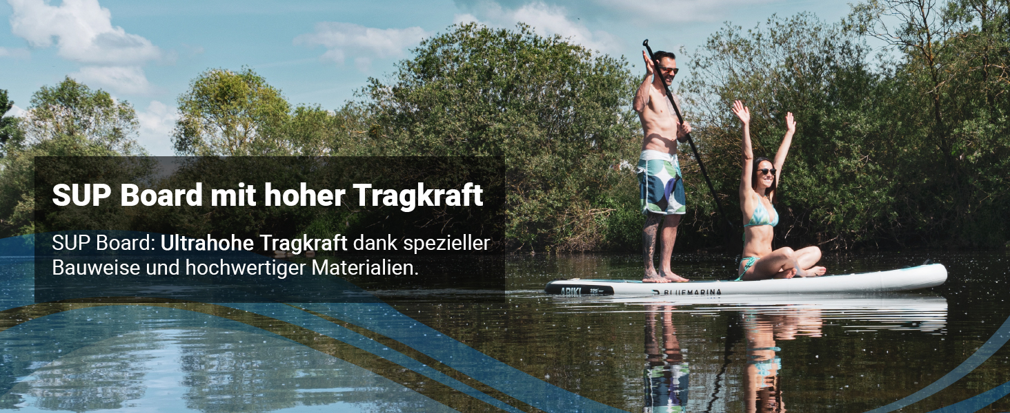 Hohe Tragkraft für gemeinsame SUP-Abenteuer Das Bluemarina ARIKI 3 SUP-Board überzeugt mit einer hohen Tragkraft und bietet ausreichend Stabilität für zwei Personen. Die spezielle Bauweise und hochwertige Materialien sorgen für eine gleichmäßige Gewichtsverteilung und ein sicheres Fahrgefühl – ideal für gemeinsame Touren auf Seen, Flüssen oder ruhigen Küstengewässern.