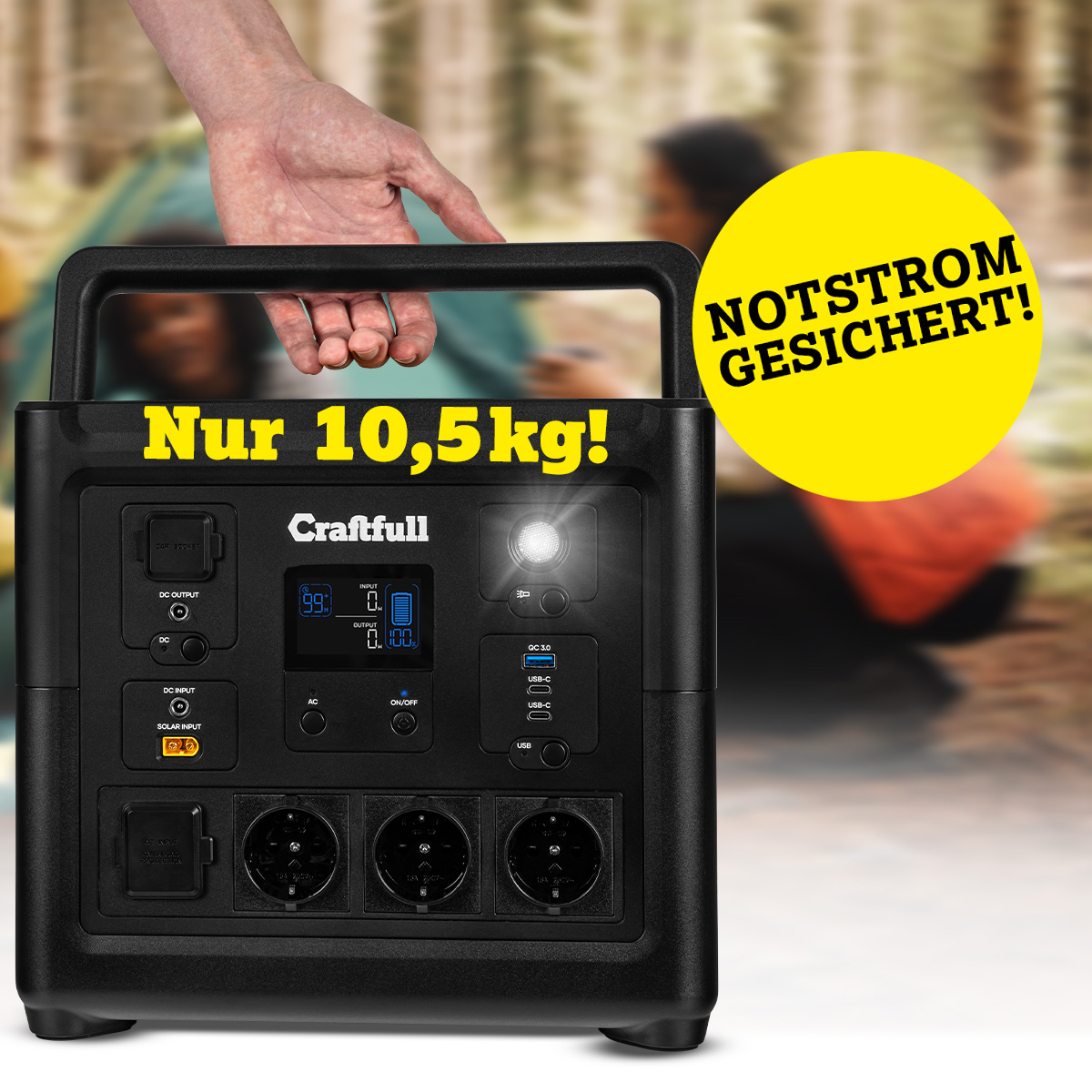 Mit USB-C & -A, 12-Volt- & 230-V-Anschluss