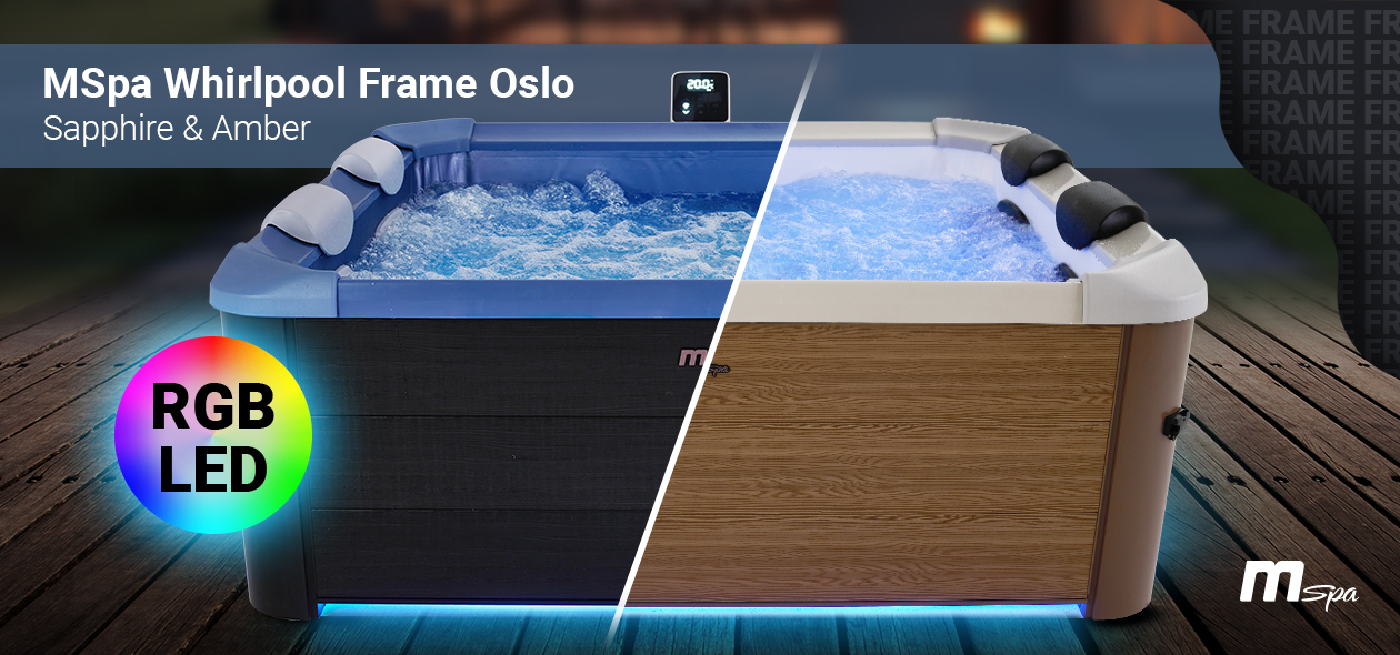 Miweba MSpa Whirlpool Frame Oslo F-OS063W Blubbernder Miweba MSpa Whirlpool Oslo mit RGB-LED-Beleuchtung auf Terrasse