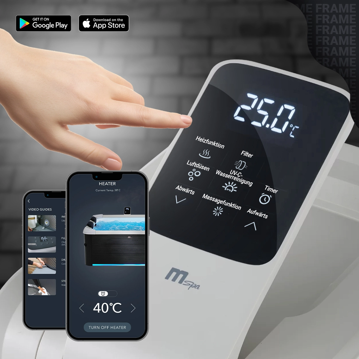 Einfache Bedienung mit OLED-Touchdisplay Hand tippt auf das OLED-Touchdisplay des Miweba MSpa Whirlpools Oslo