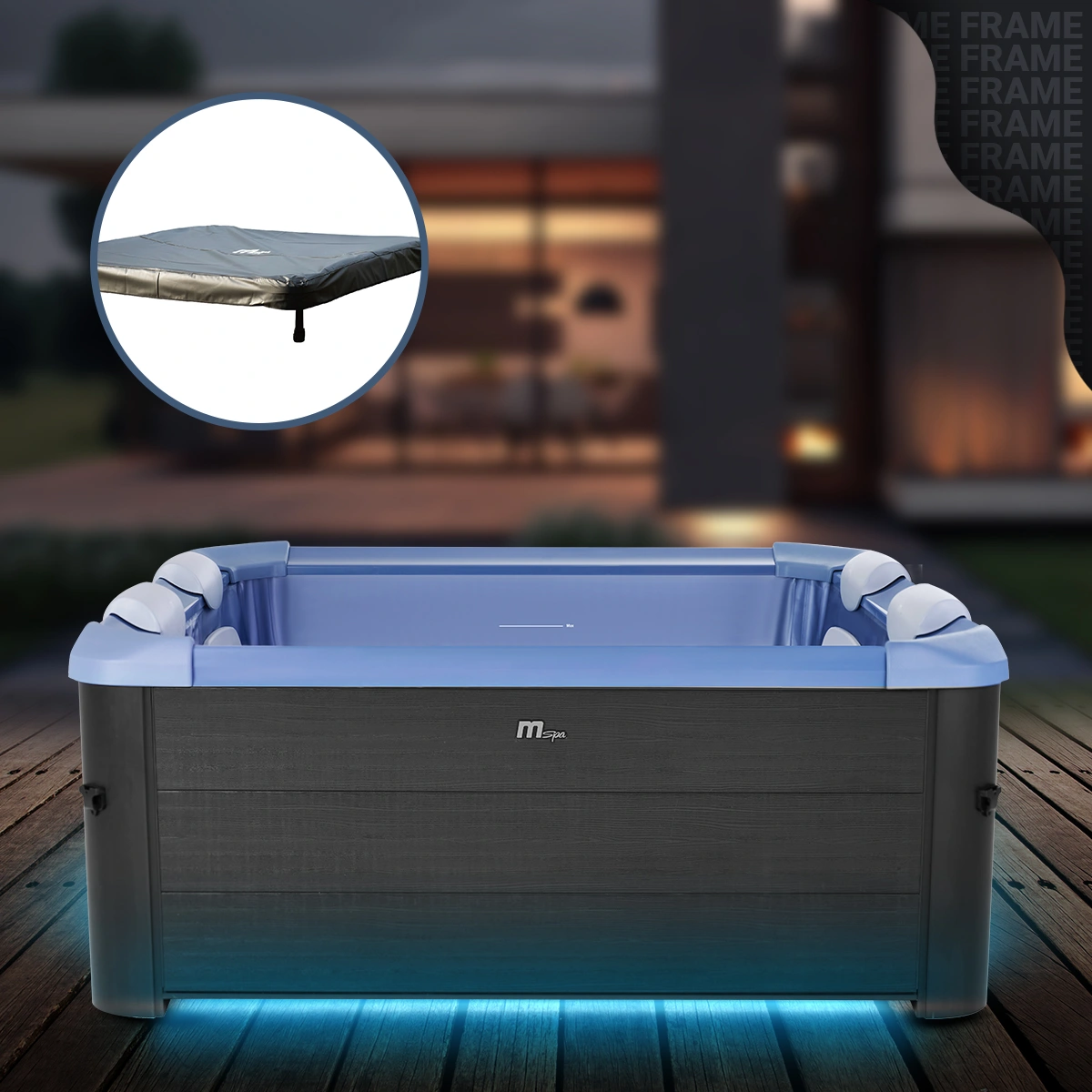 Poolabdeckung mit Befestigungsschnallen Miweba MSpa Whirlpool Oslo mit RGB-LED-Beleuchtung auf der Terrasse, vergrößerte Abdeckung