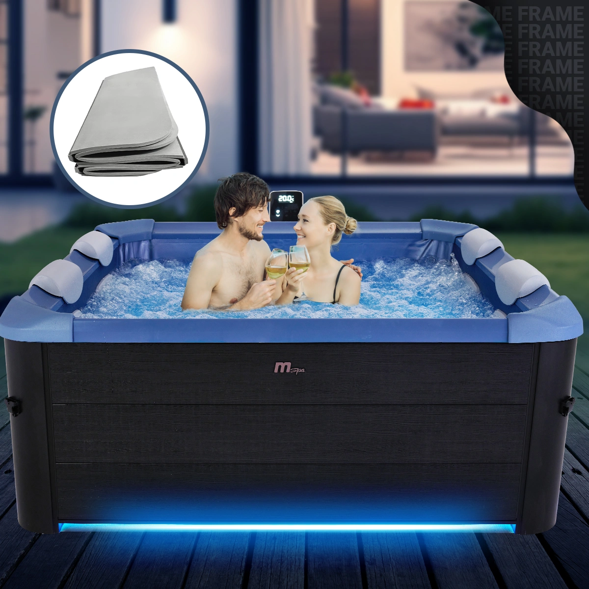 Stecksystem für kinderleichten Aufbau Pärchen stößt mit Weingläsern im blubbernden Outdoor-Whirlpool an, vergrößerte Einlageplane