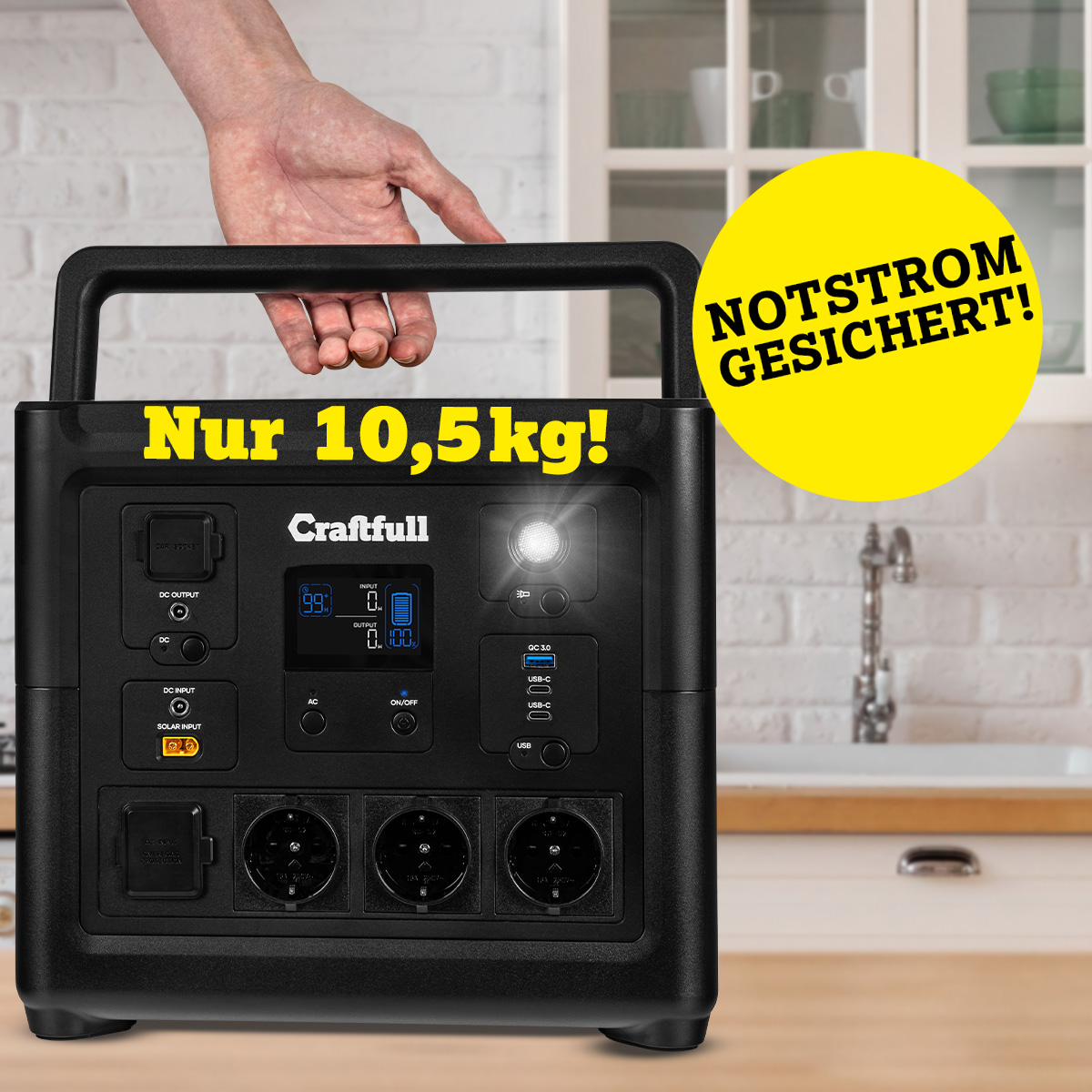 Mit USB-C & -A, 12-Volt- & 230-V-Anschluss PS800 mit Tragegriff