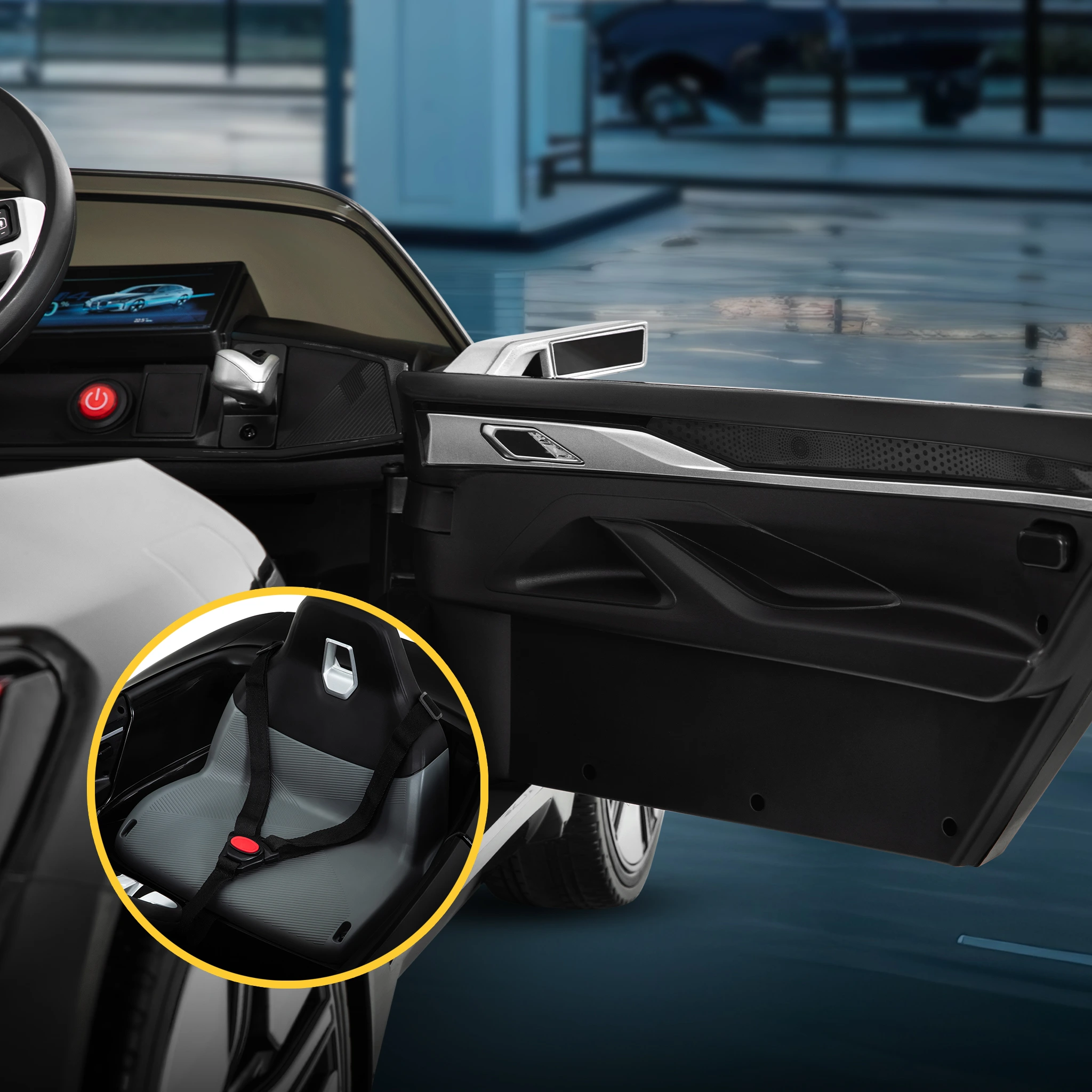 BMW i4 mit ge&ouml;ffneter T&uuml;r und vergr&ouml;&szlig;ertem Sitz