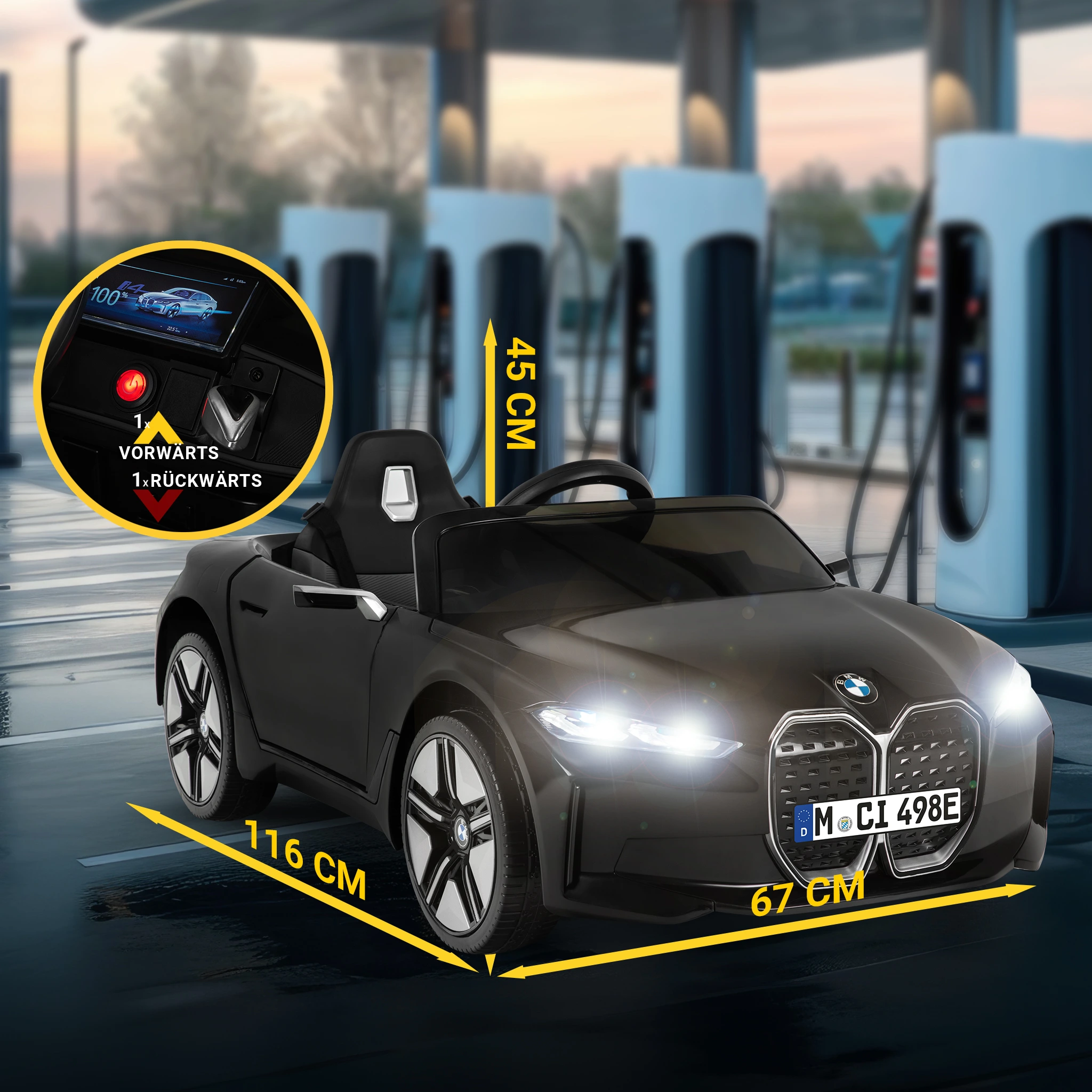Kinderauto BMW i4 mit Ma&szlig;en und Vorw&auml;rts-, R&uuml;ckw&auml;rtsschalter